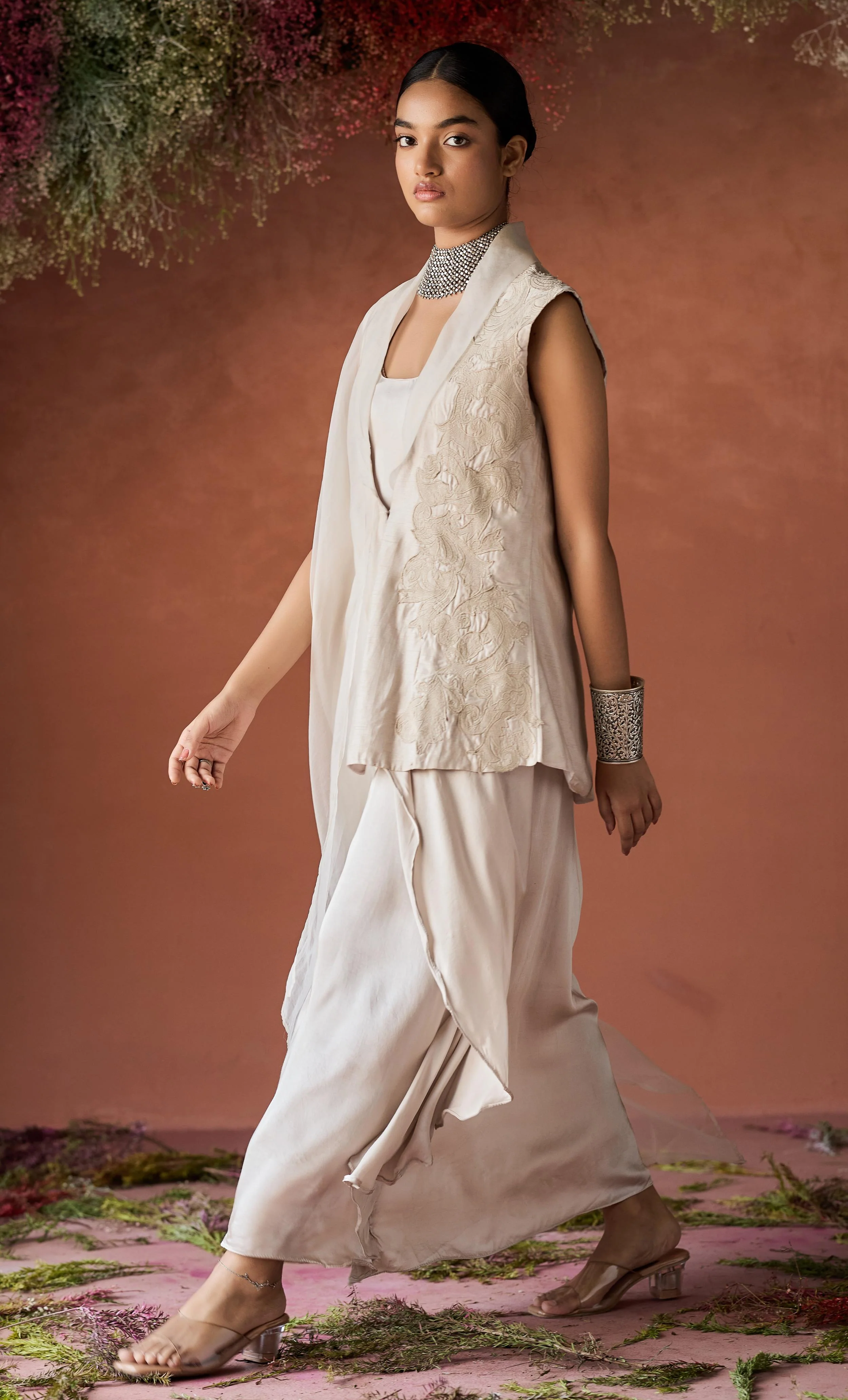 White Embroidered Raw Silk Jacket Dress - Image 4