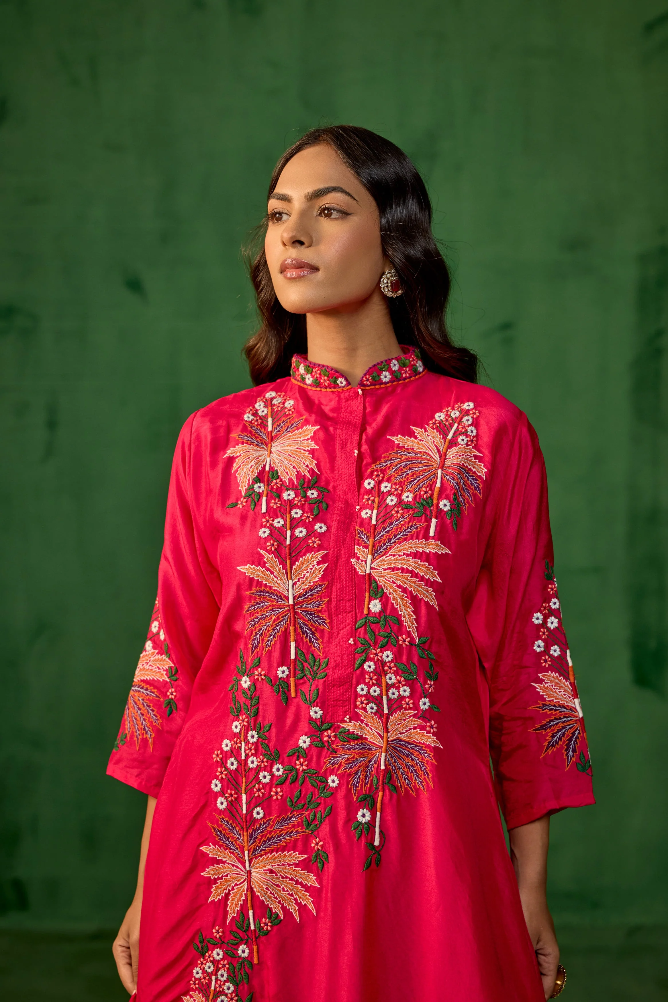 Fuchsia Pink Embroidered Raw Silk Palazzo Set - Image 2