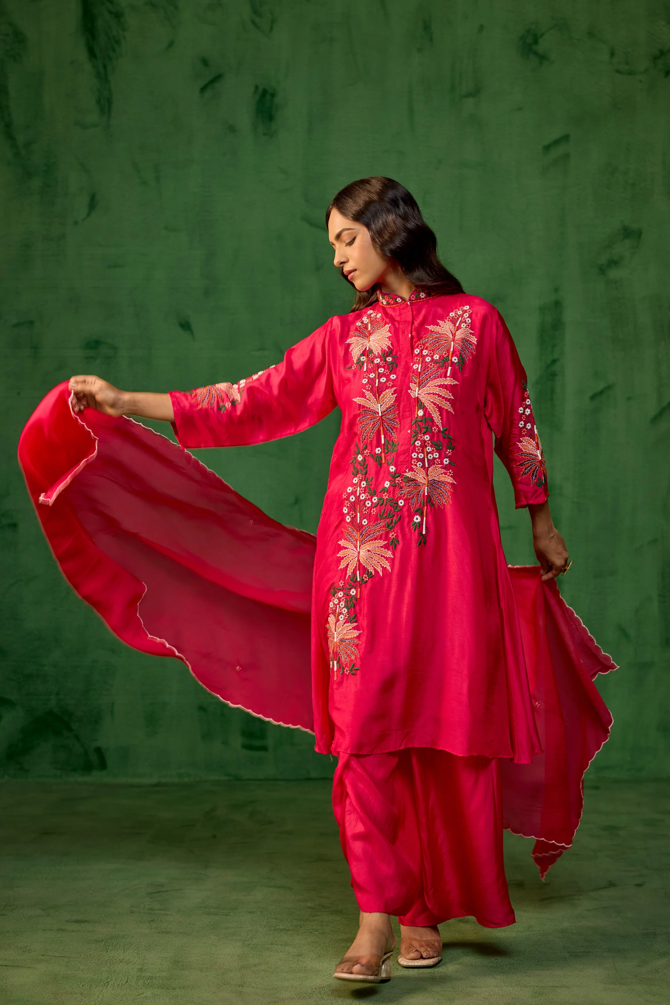 Fuchsia Pink Embroidered Raw Silk Palazzo Set - Image 3