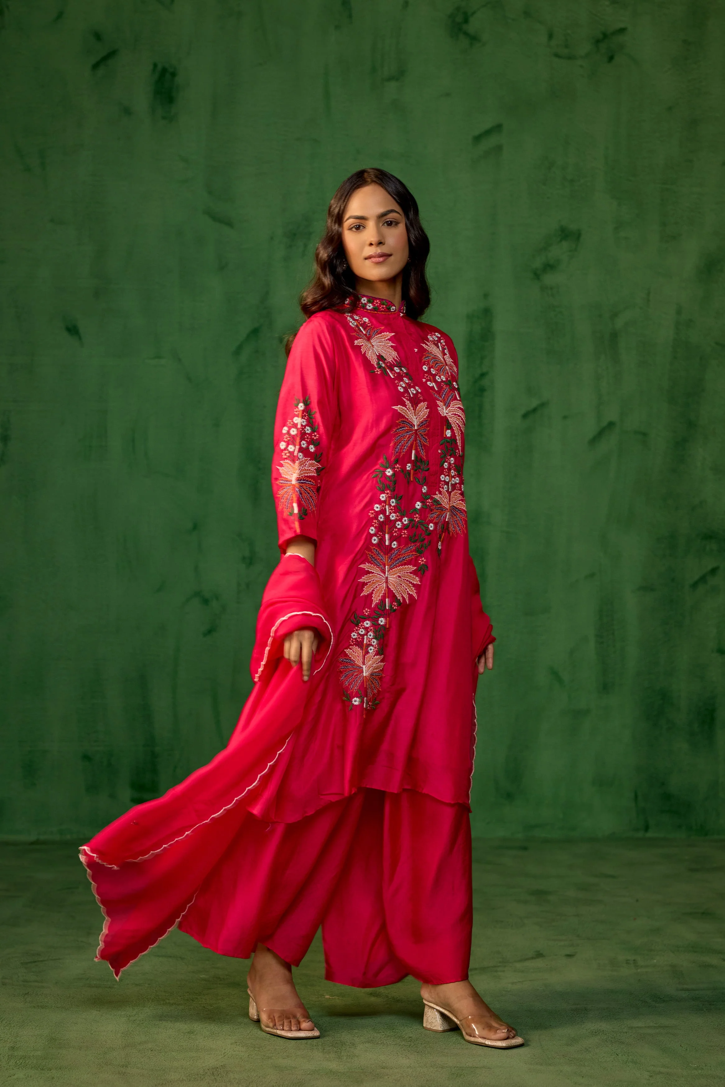 Fuchsia Pink Embroidered Raw Silk Palazzo Set - Image 4