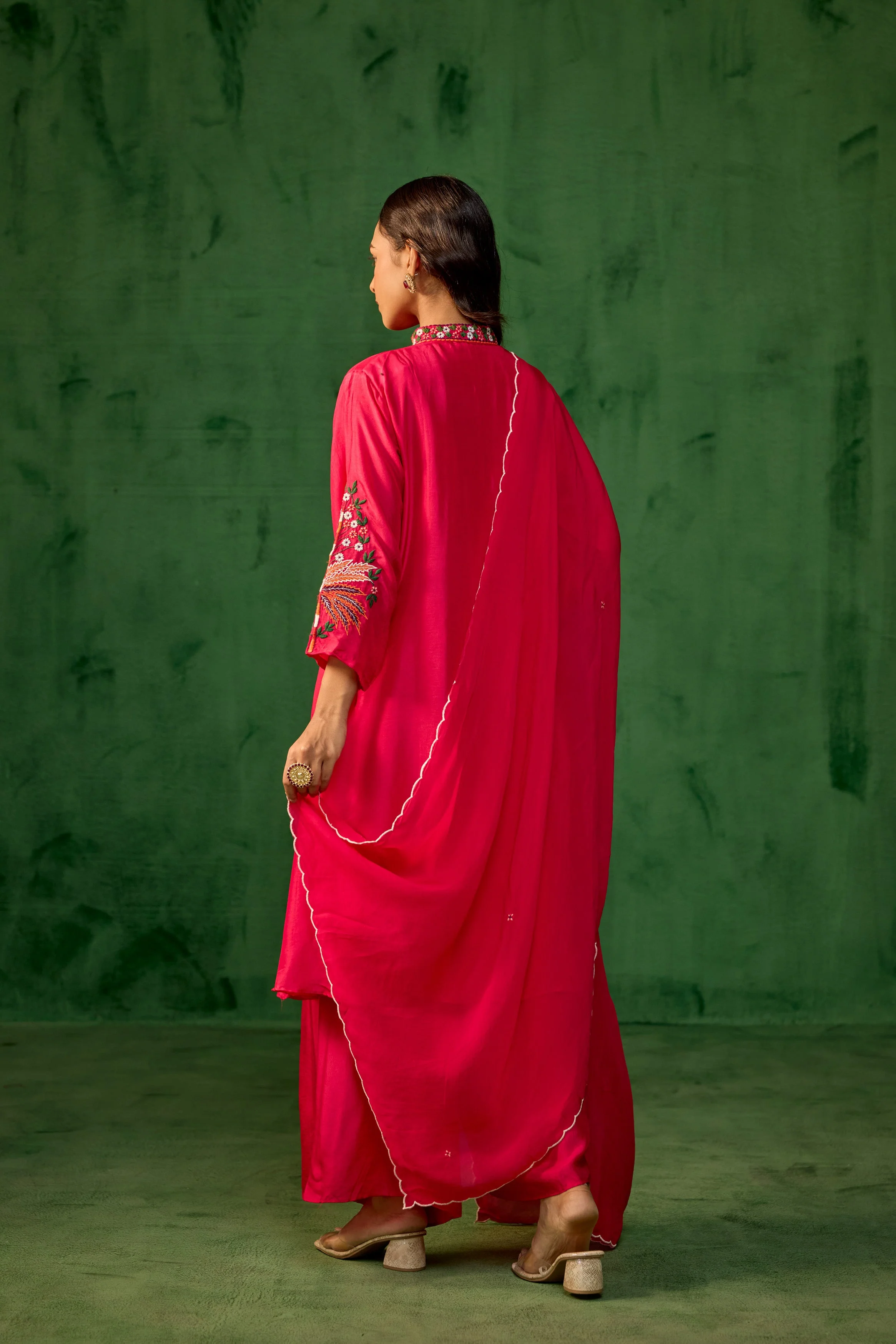 Fuchsia Pink Embroidered Raw Silk Palazzo Set - Image 5