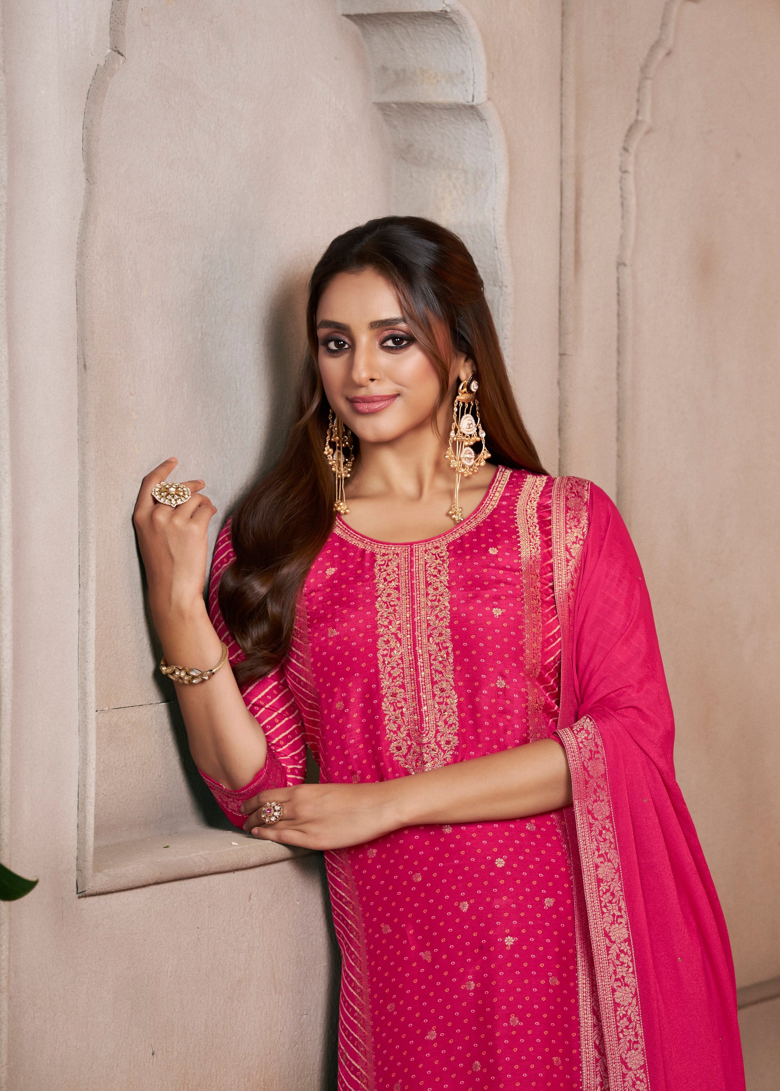 Vibrant Pink Printed Dola Silk Pant Set - Image 2