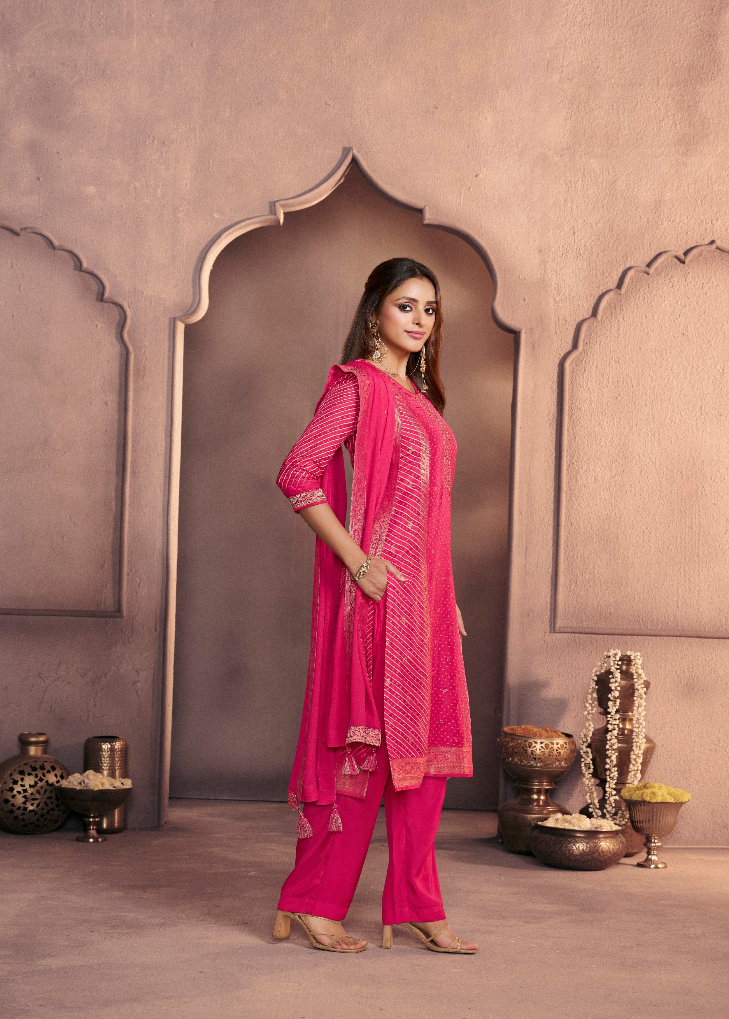Vibrant Pink Printed Dola Silk Pant Set - Image 3