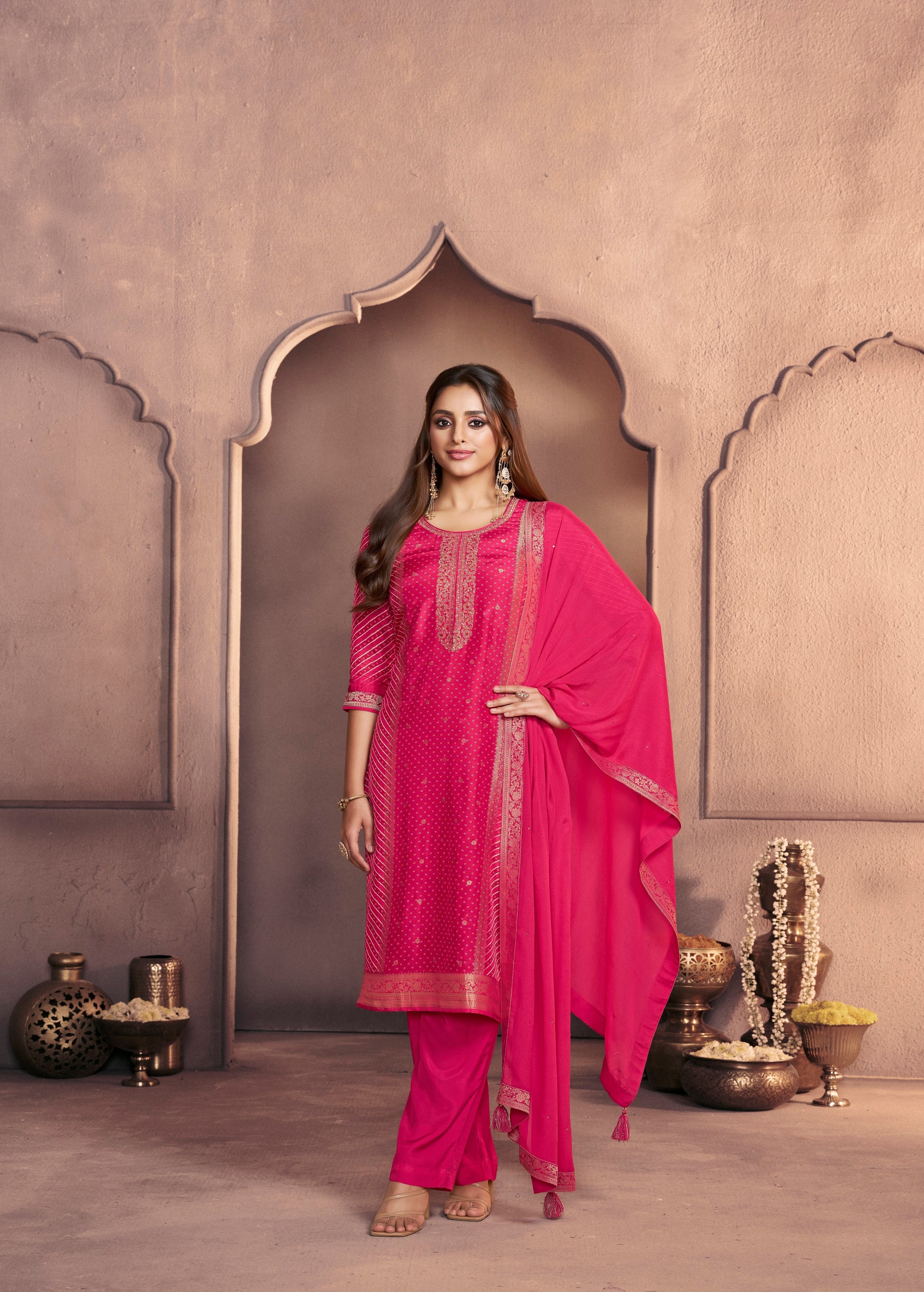 Vibrant Pink Printed Dola Silk Pant Set - Image 4