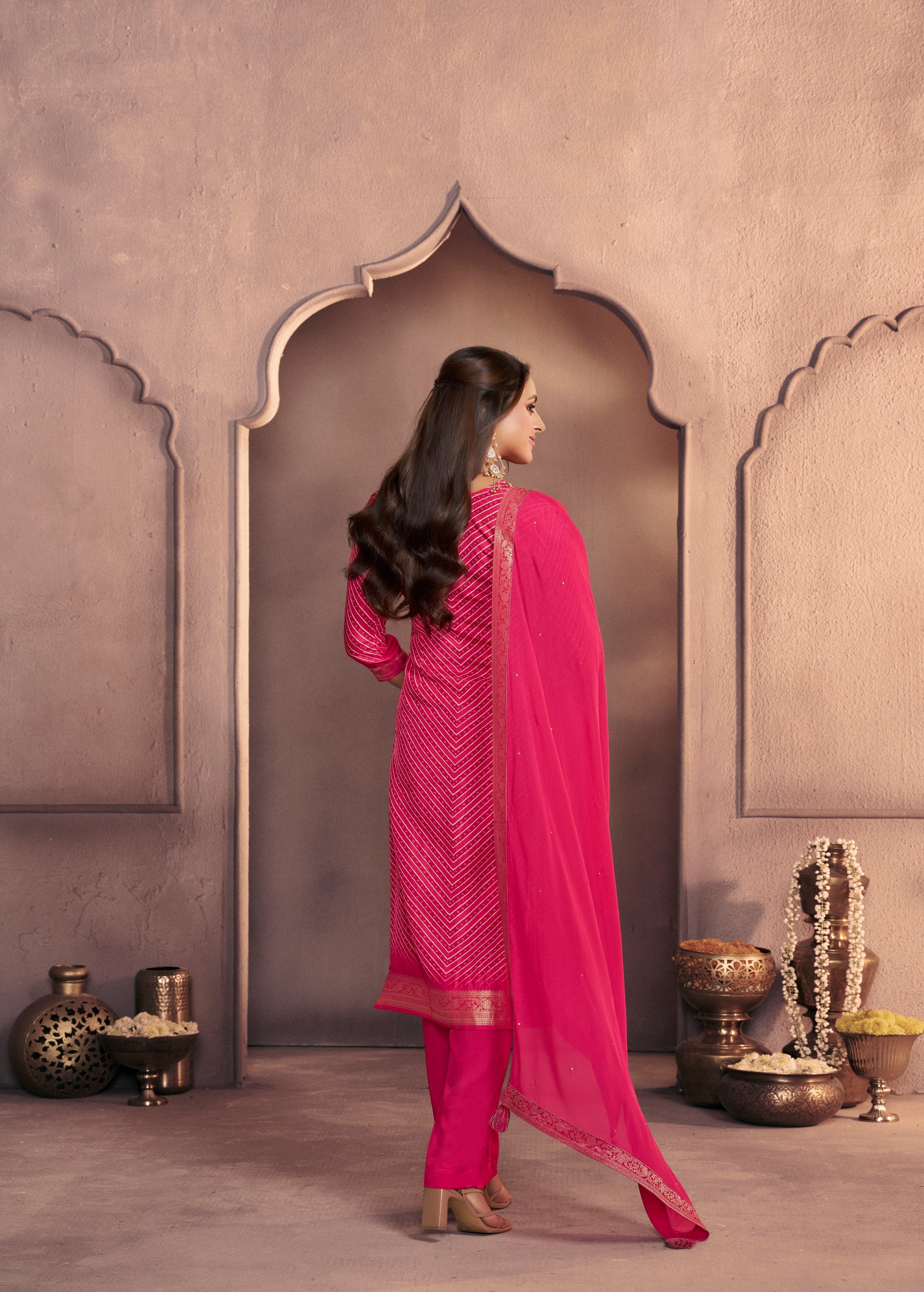 Vibrant Pink Printed Dola Silk Pant Set - Image 5