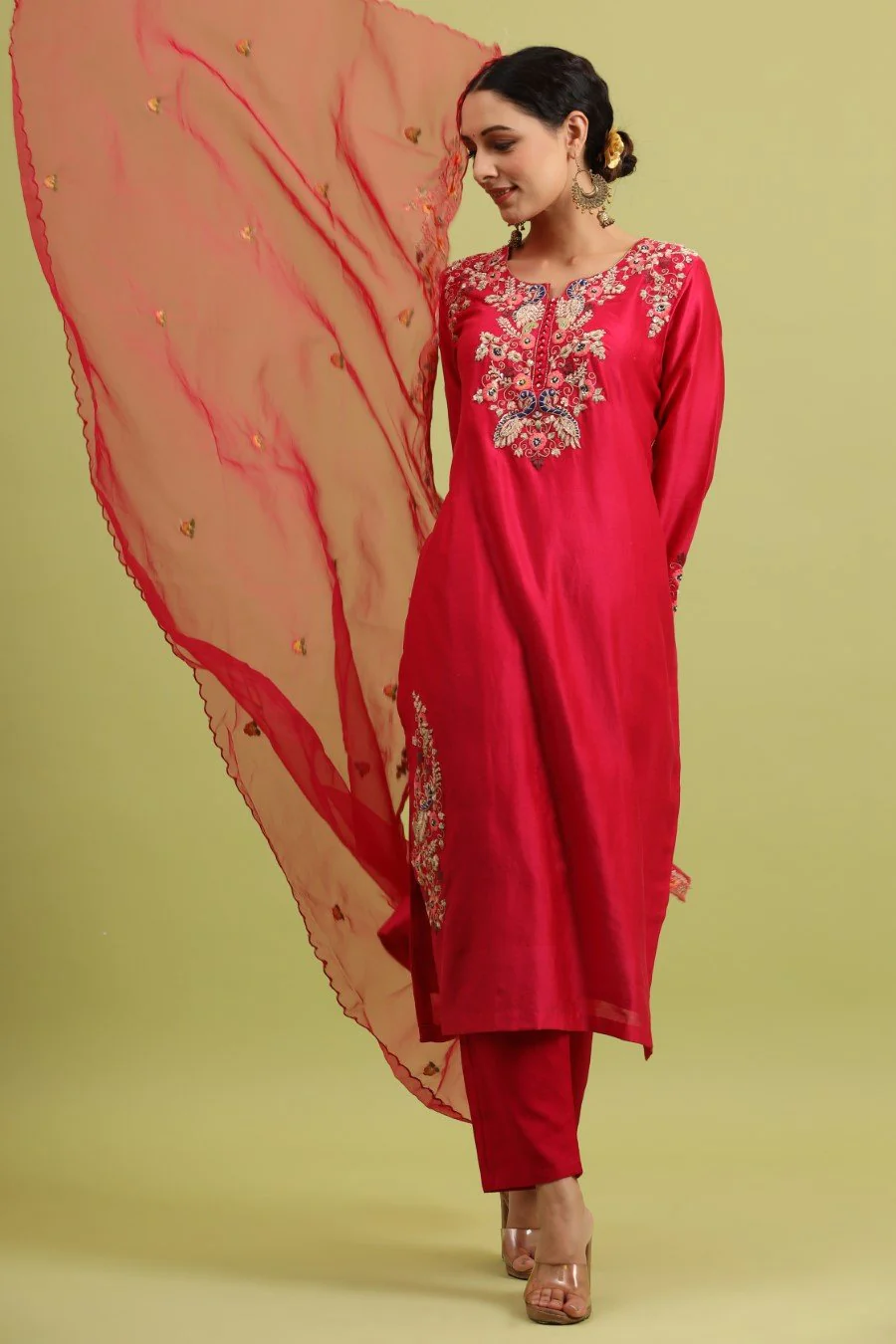 Fuschia Pink Modal Chanderi Embroidered Kurta Set - Image 3