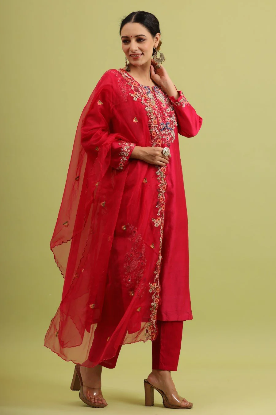 Fuschia Pink Modal Chanderi Embroidered Kurta Set - Image 4