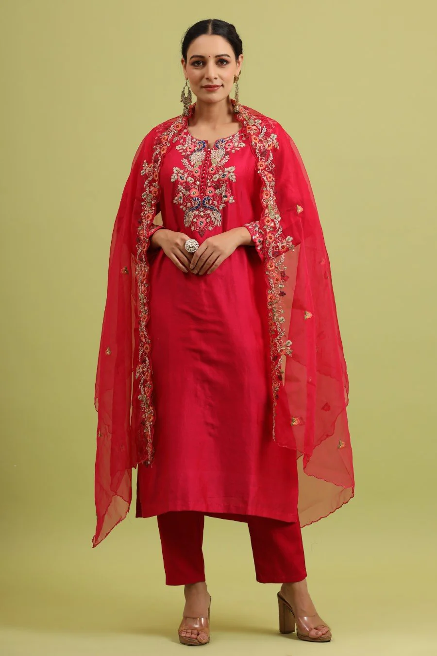 Fuschia Pink Modal Chanderi Embroidered Kurta Set - Image 5