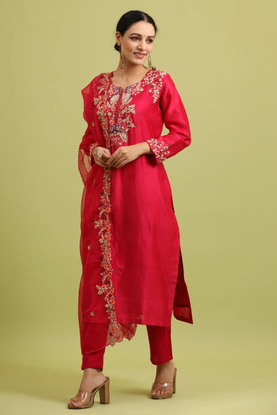 Fuschia Pink Modal Chanderi Embroidered Kurta Set - Image 7
