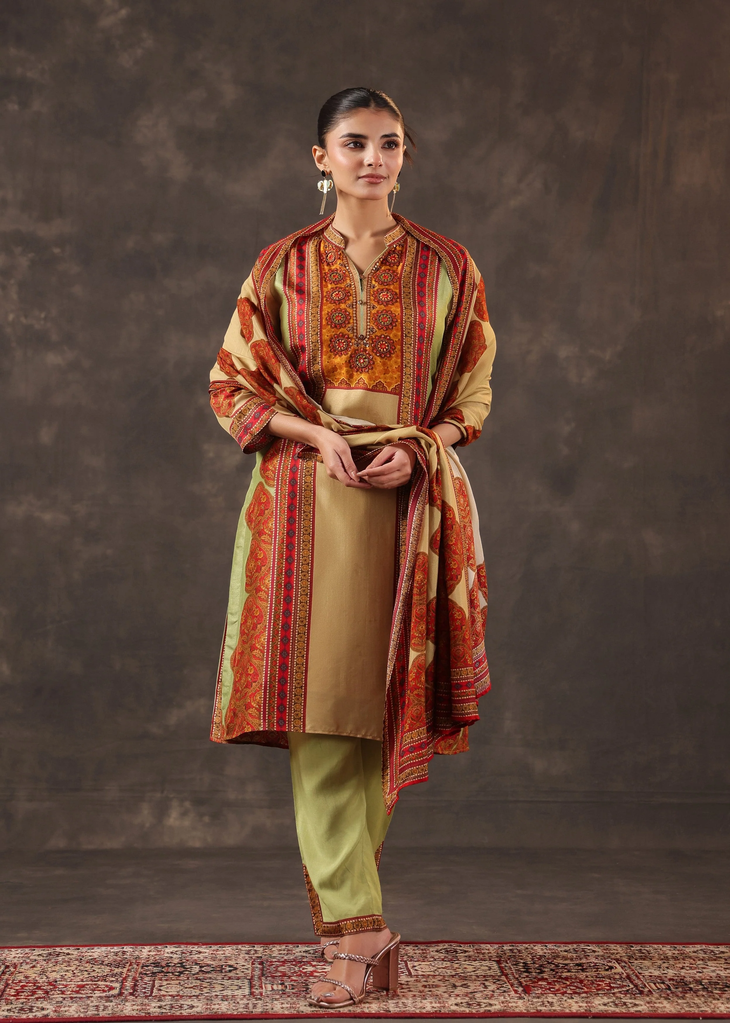 Garnet Gold Printed Premium Silk Pant Set - Image 3