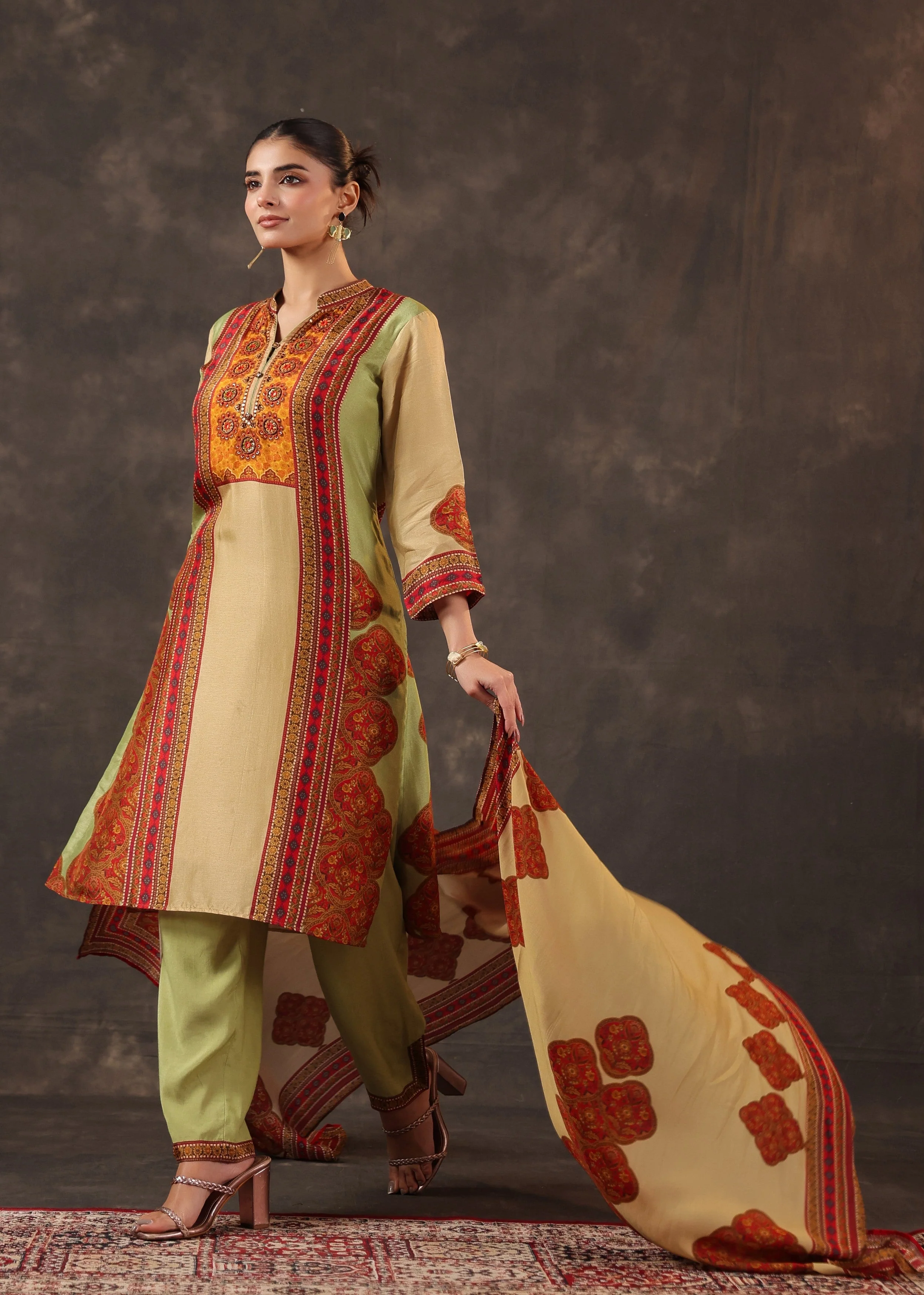 Garnet Gold Printed Premium Silk Pant Set - Image 4