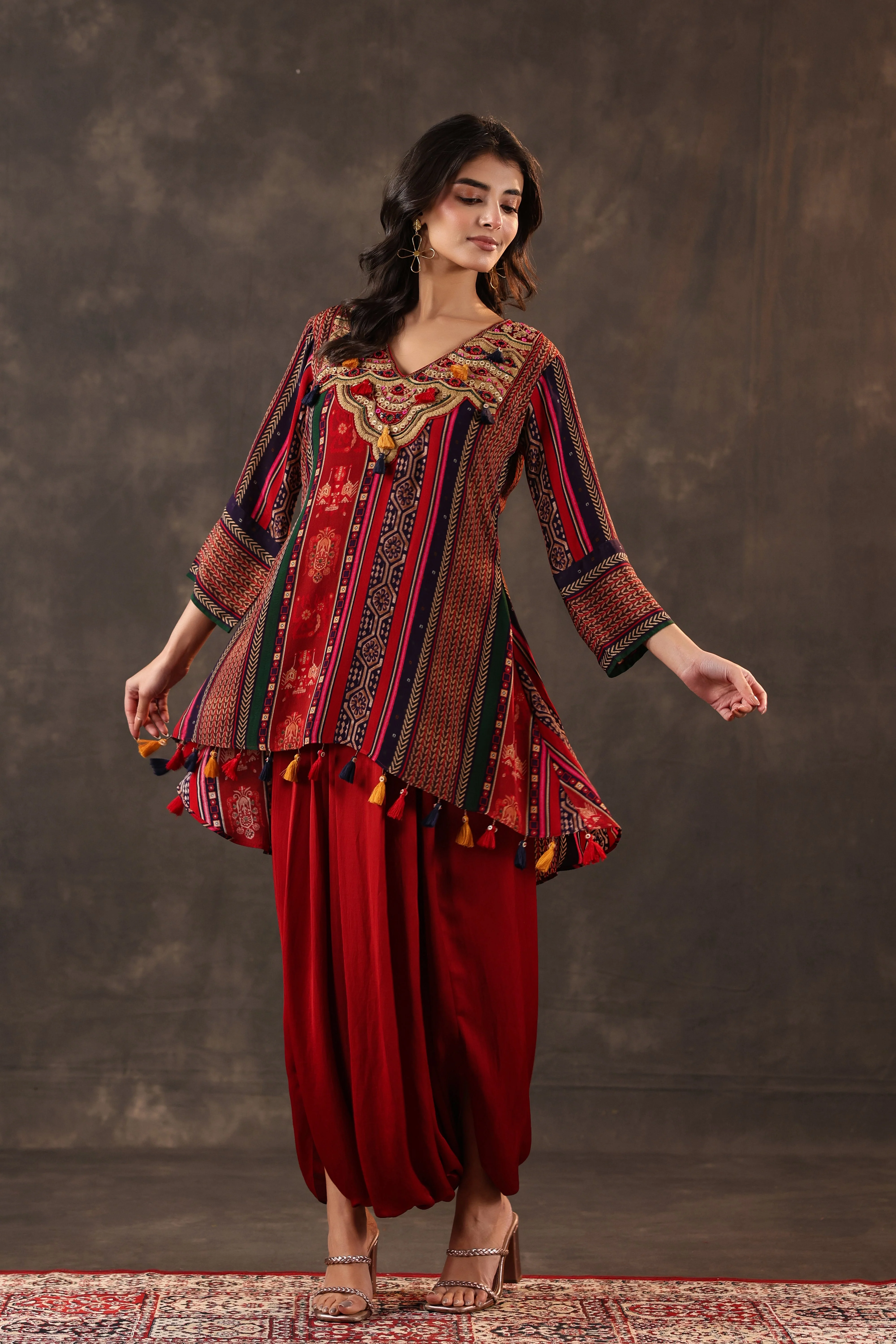 Garnet Tribal Printed Crepe Silk Dhoti Set - Image 3