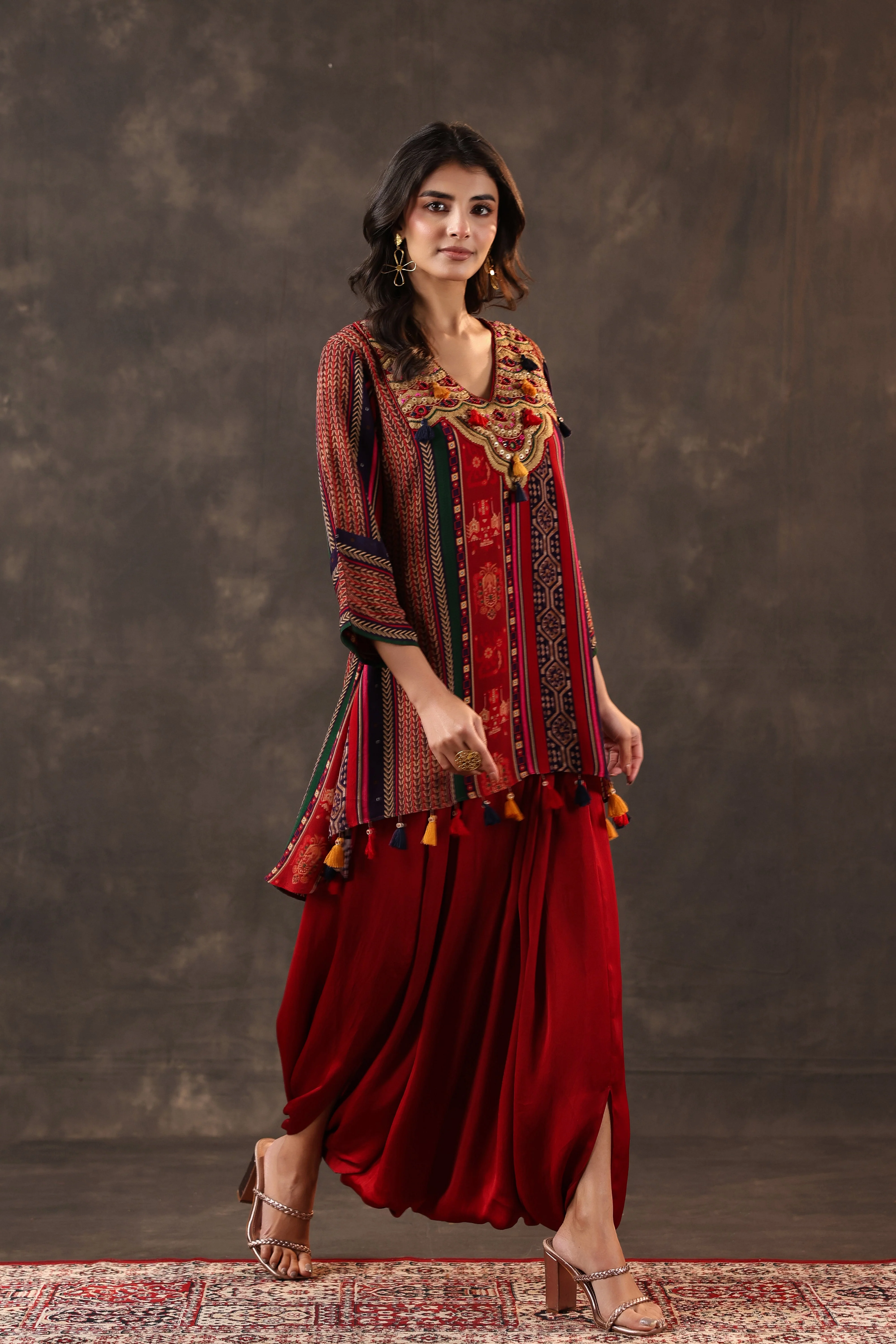 Garnet Tribal Printed Crepe Silk Dhoti Set - Image 4