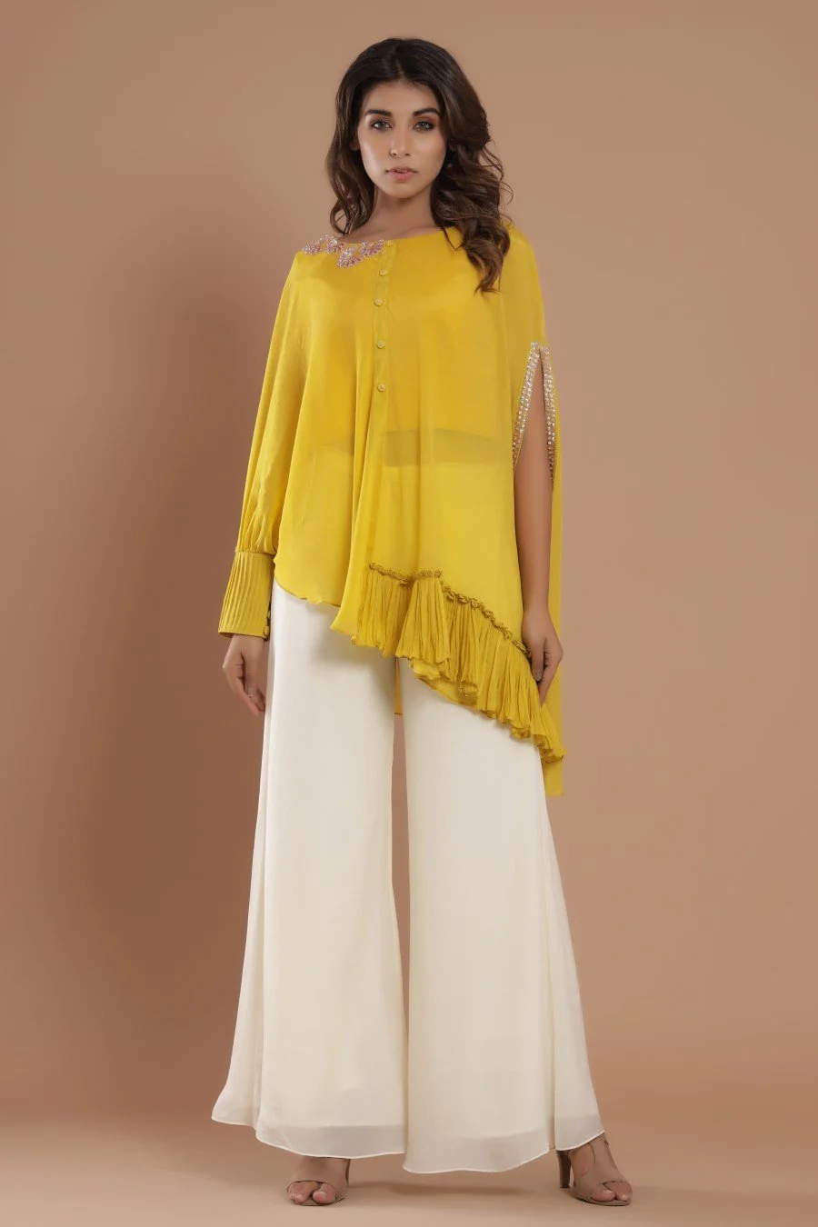 Georgette Crepe Golden Yellow Embroidery Kurta With Flair Pant - Image 3