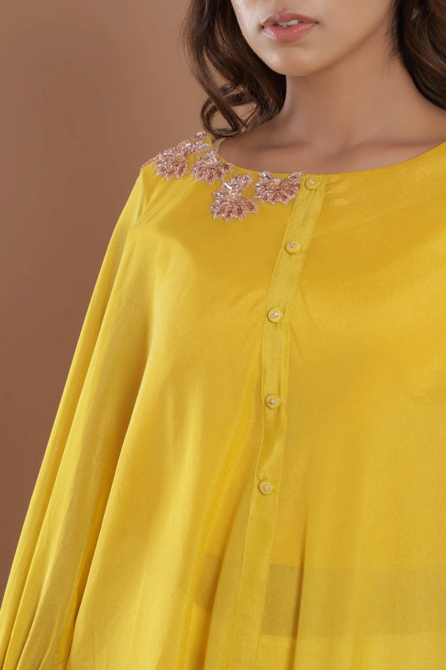 Georgette Crepe Golden Yellow Embroidery Kurta With Flair Pant - Image 4