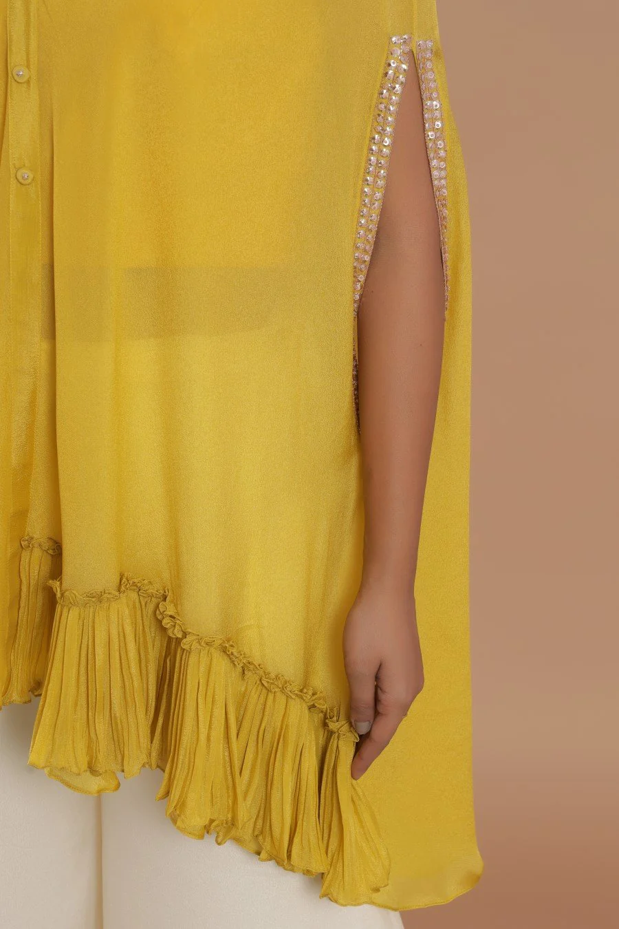 Georgette Crepe Golden Yellow Embroidery Kurta With Flair Pant - Image 5
