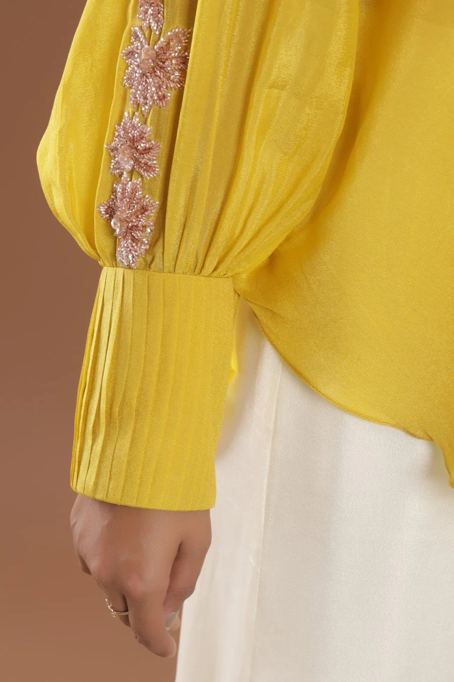 Georgette Crepe Golden Yellow Embroidery Kurta With Flair Pant - Image 6