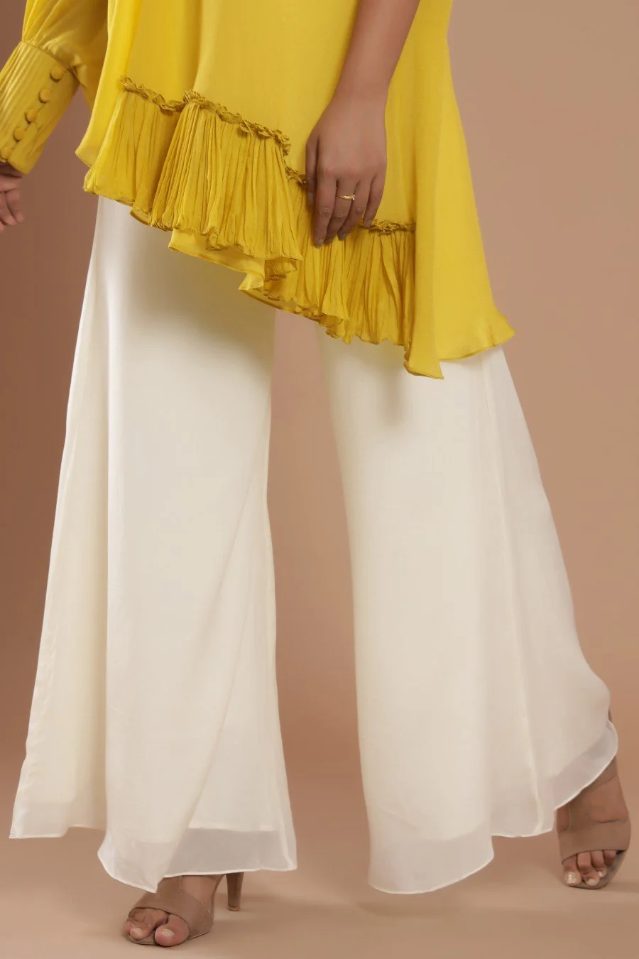 Georgette Crepe Golden Yellow Embroidery Kurta With Flair Pant - Image 7