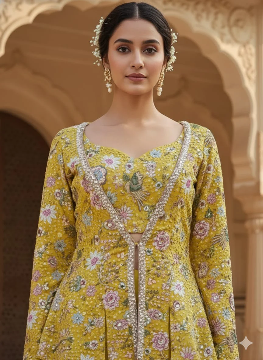 Mustard Yellow Georgette Silk Palazzo Set - Image 2