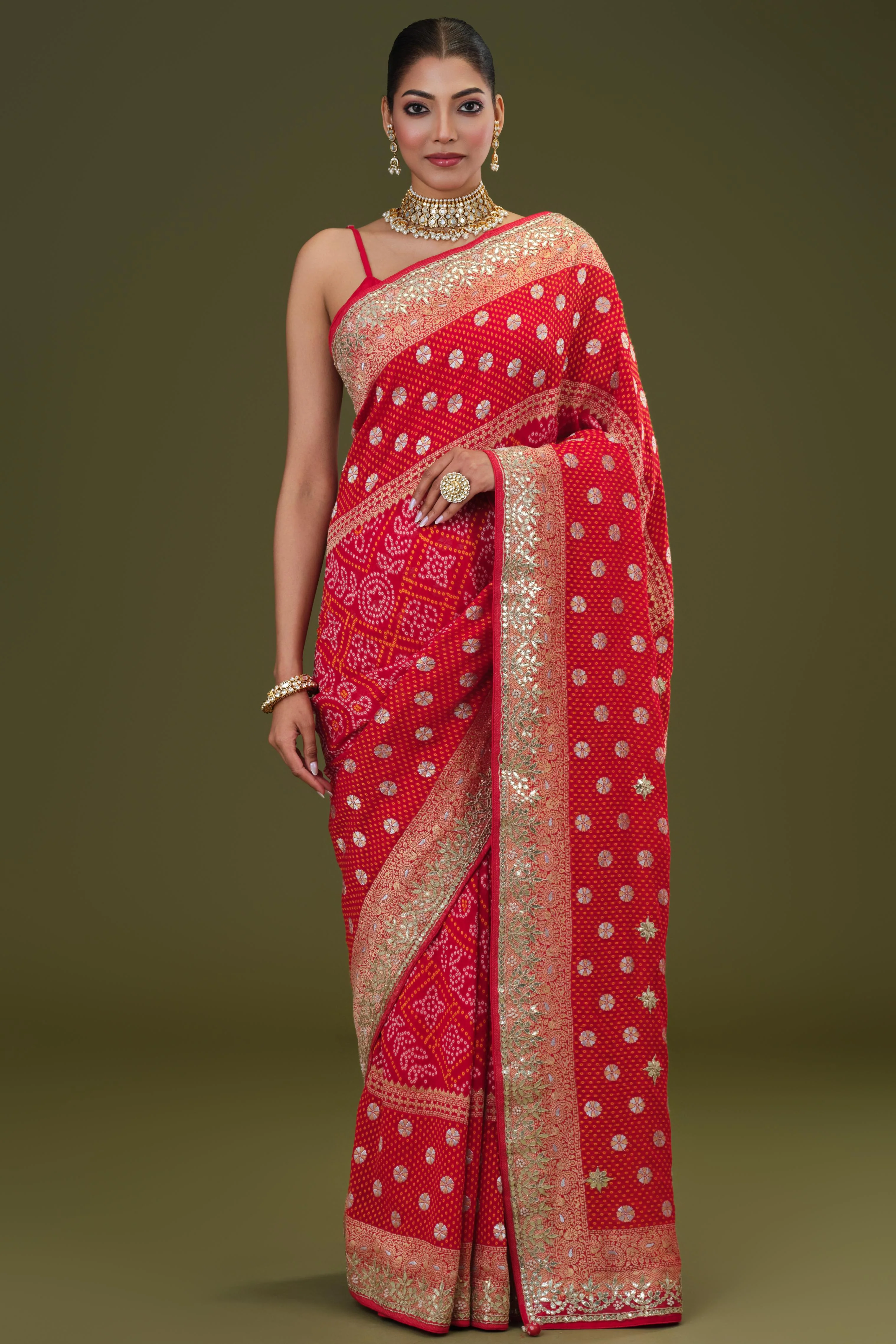 Red Gotta Pati Work Georgette Silk Saree