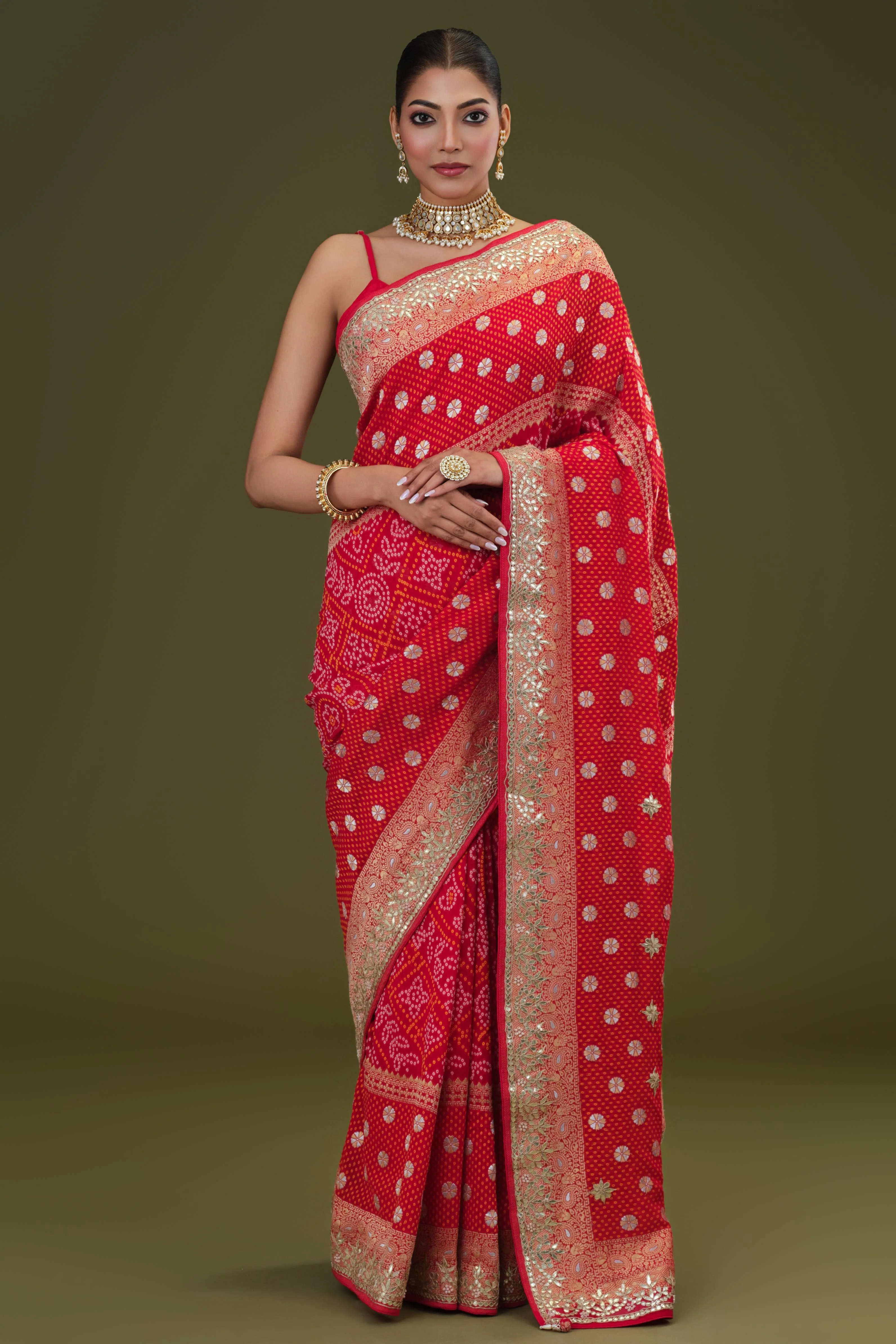 Red Gotta Pati Work Georgette Silk Saree - Image 2