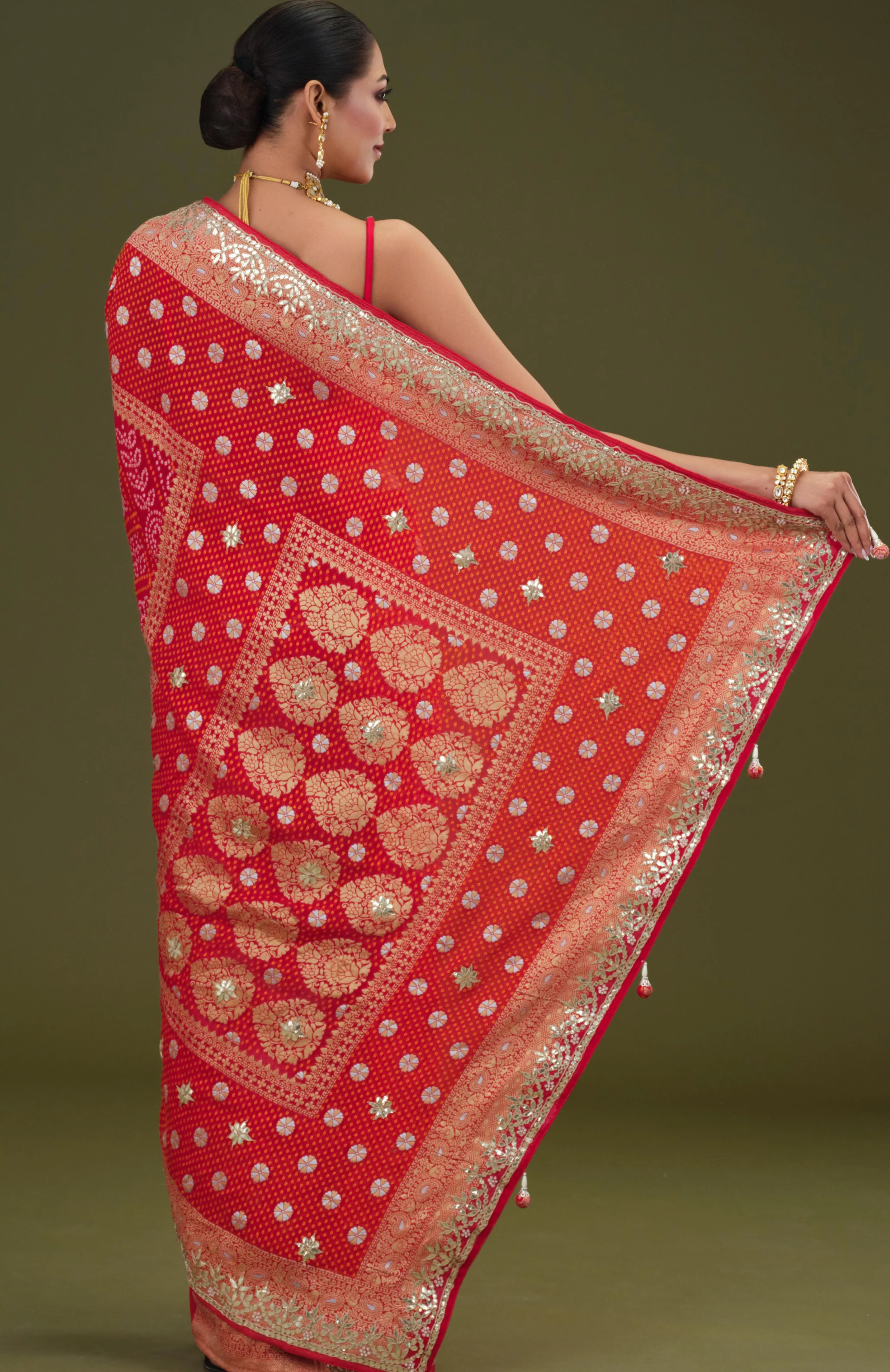 Red Gotta Pati Work Georgette Silk Saree - Image 3