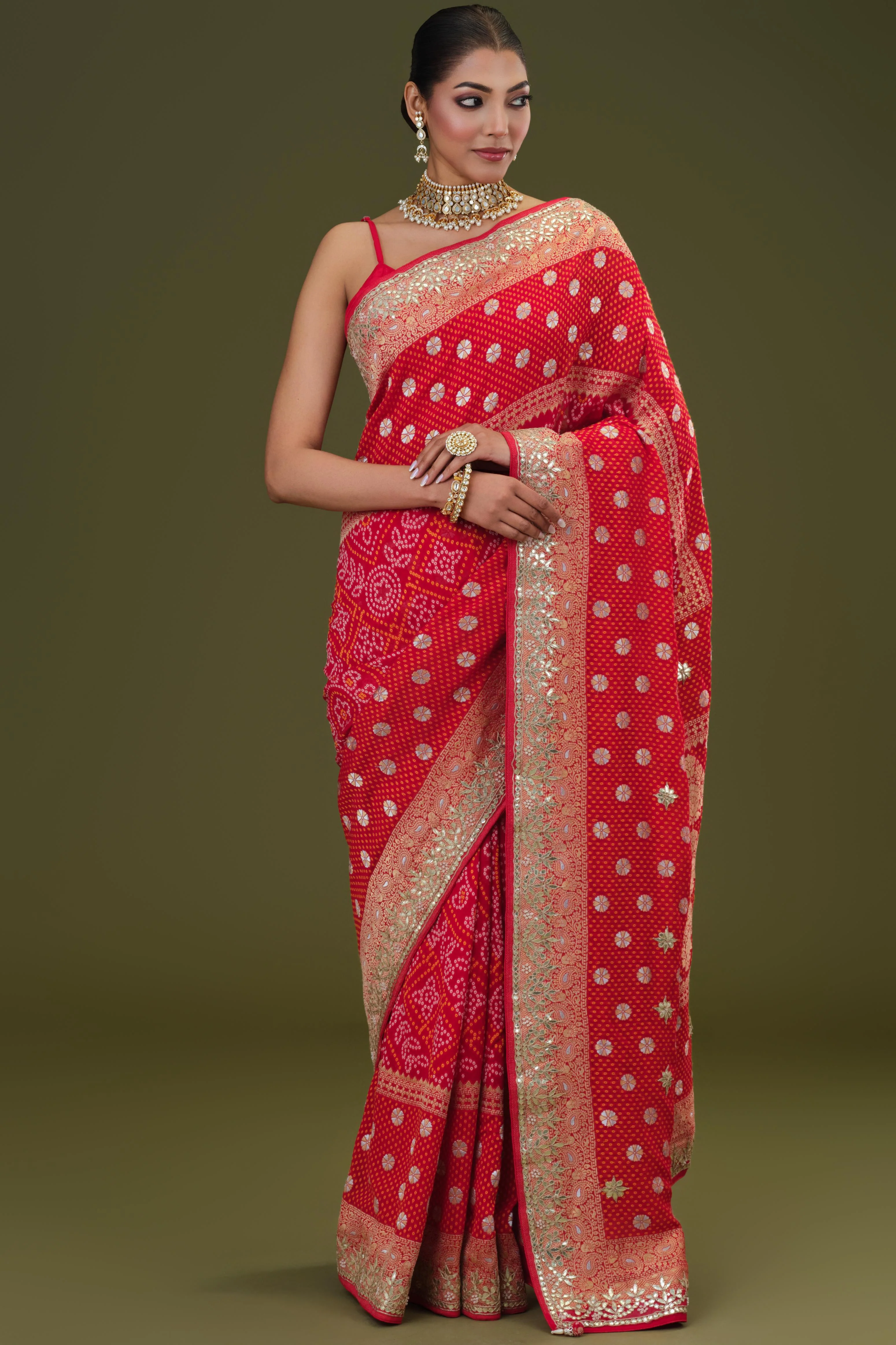 Red Gotta Pati Work Georgette Silk Saree - Image 4
