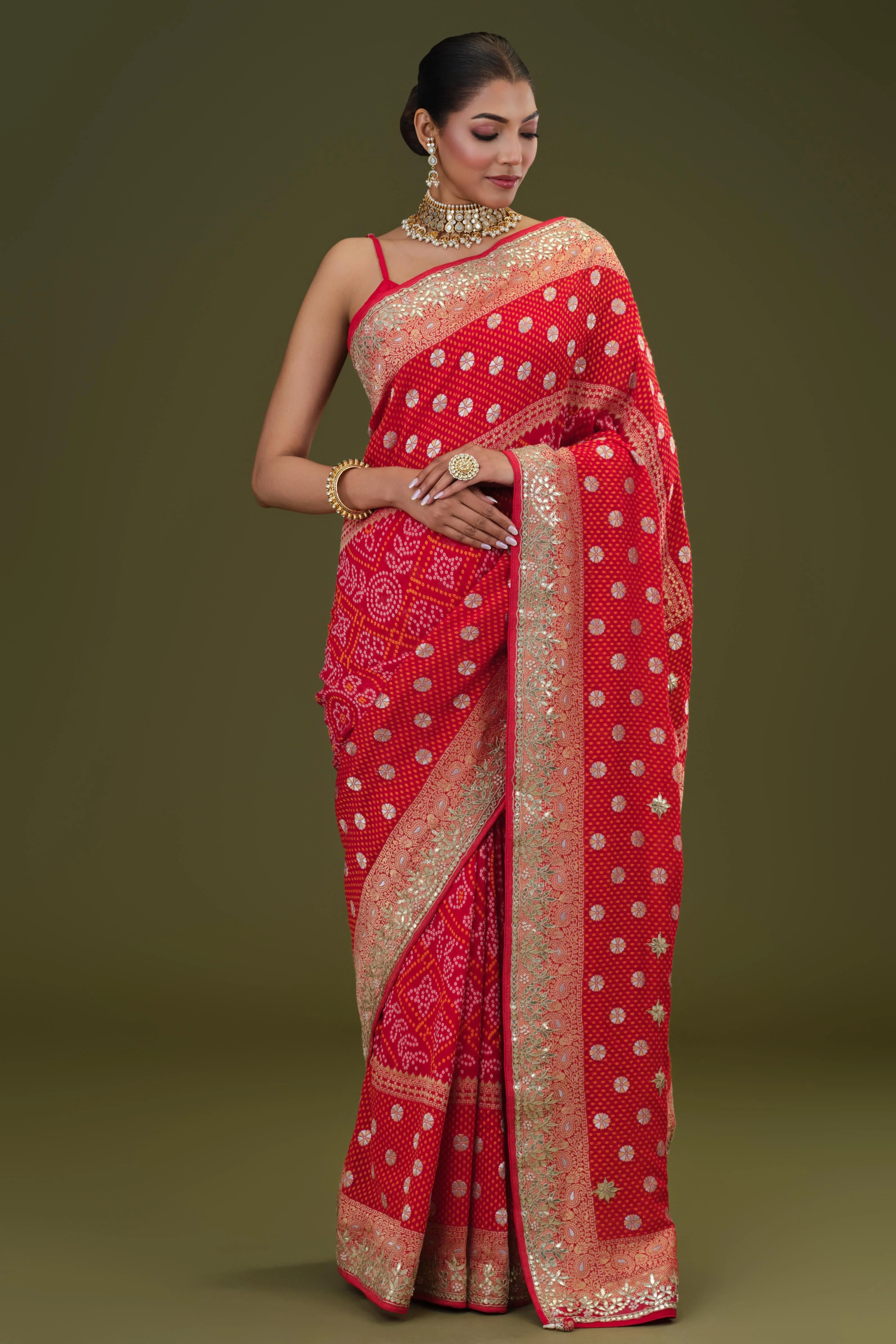 Red Gotta Pati Work Georgette Silk Saree - Image 5