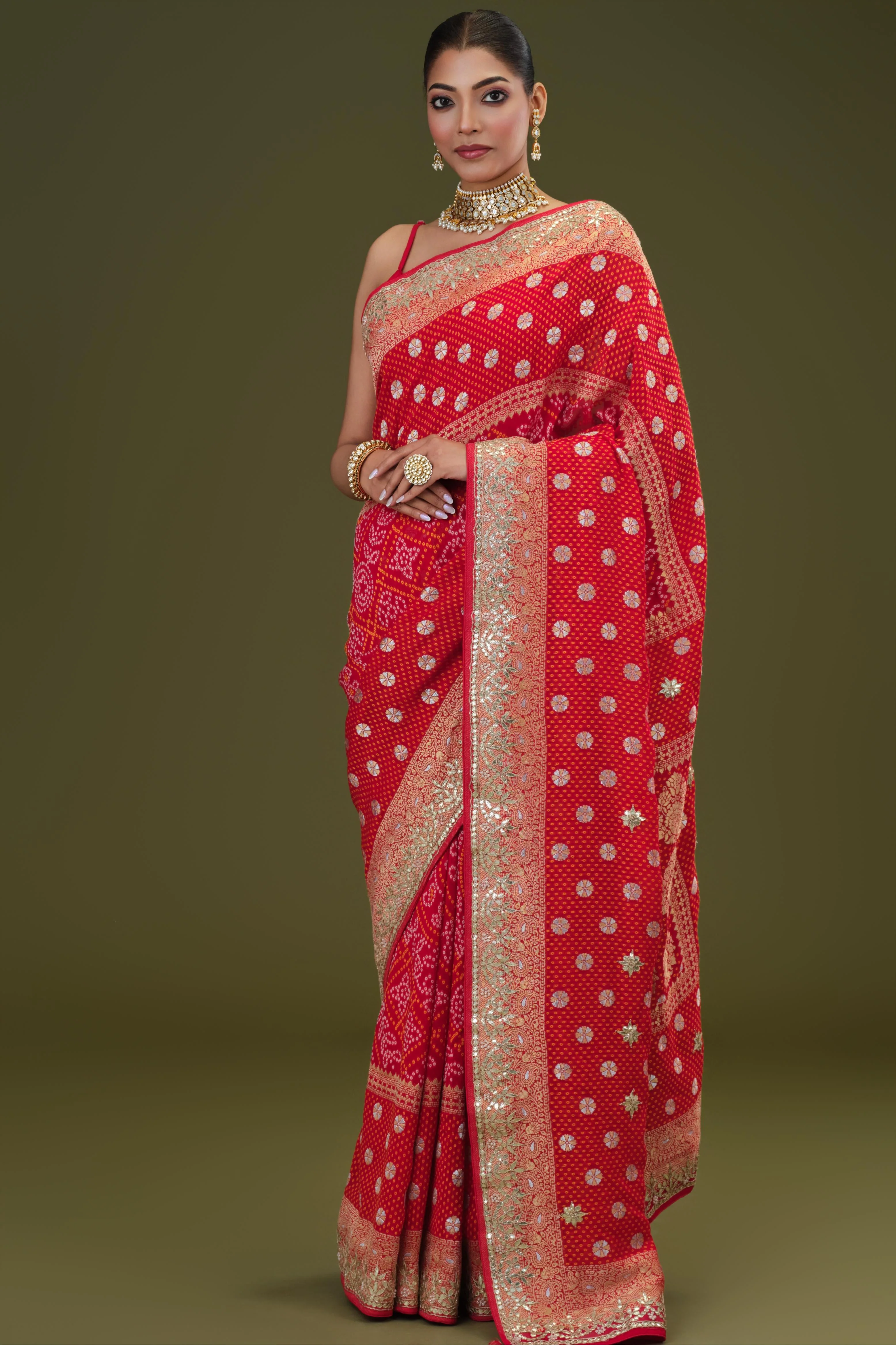 Red Gotta Pati Work Georgette Silk Saree - Image 6