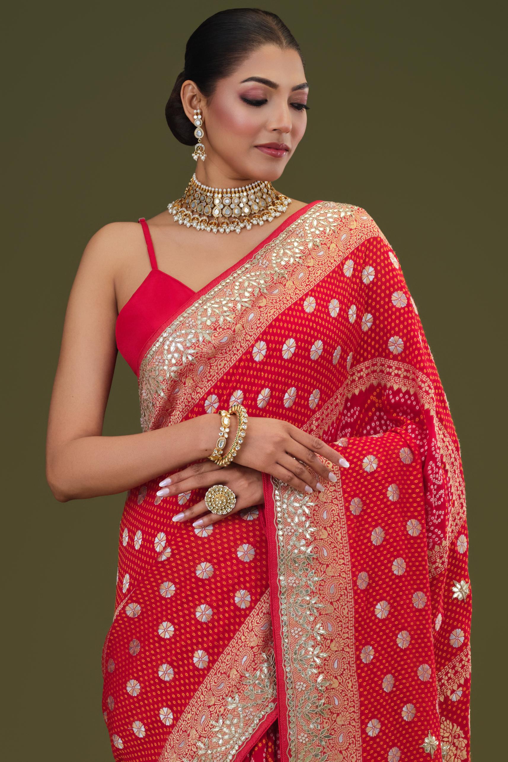 Red Gotta Pati Work Georgette Silk Saree - Image 7