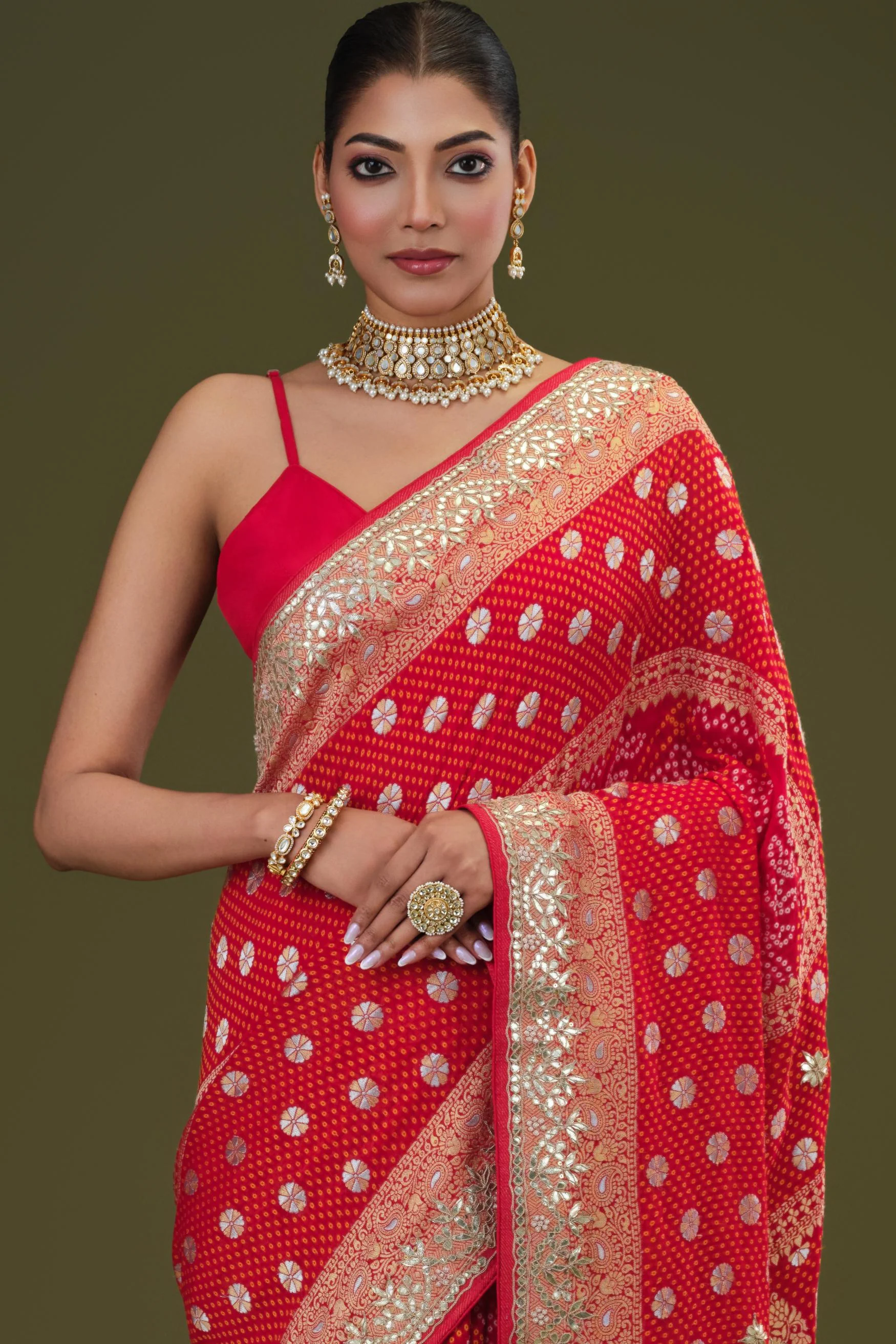 Red Gotta Pati Work Georgette Silk Saree - Image 8