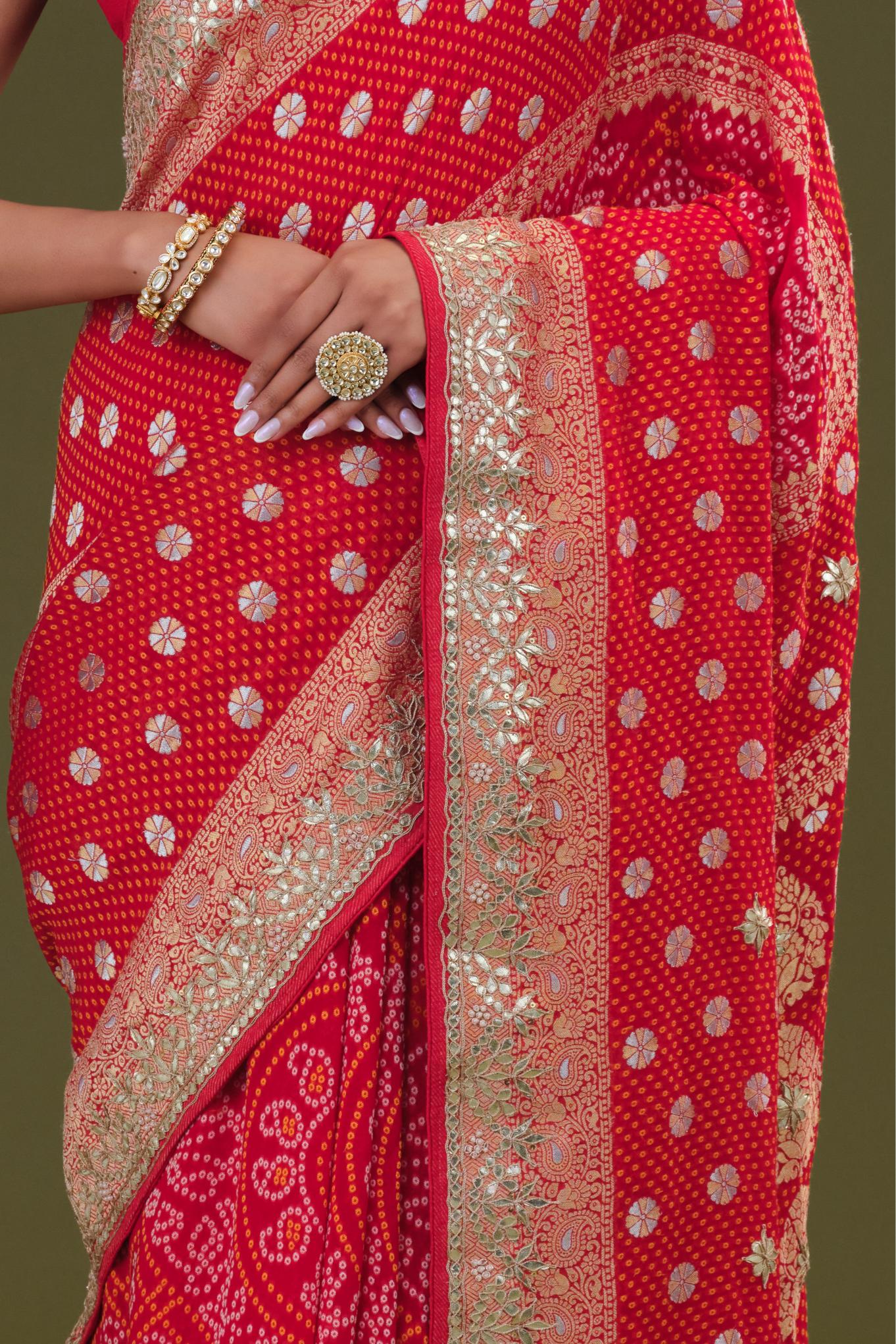 Red Gotta Pati Work Georgette Silk Saree - Image 9