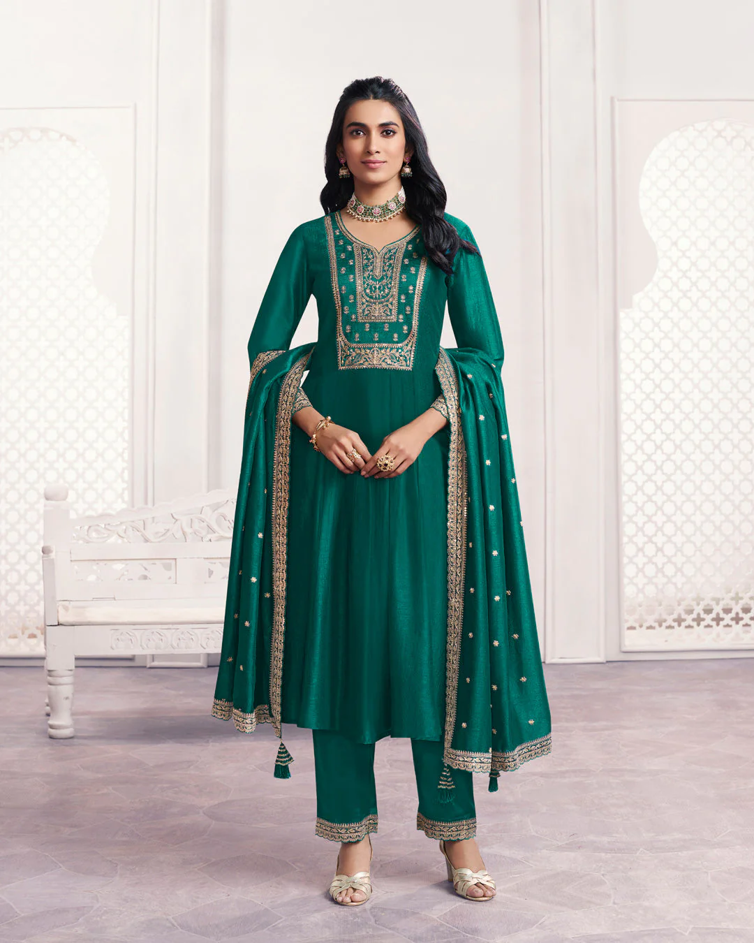 Teal Gilded Embellished Vichitra Silk Anarkali Set