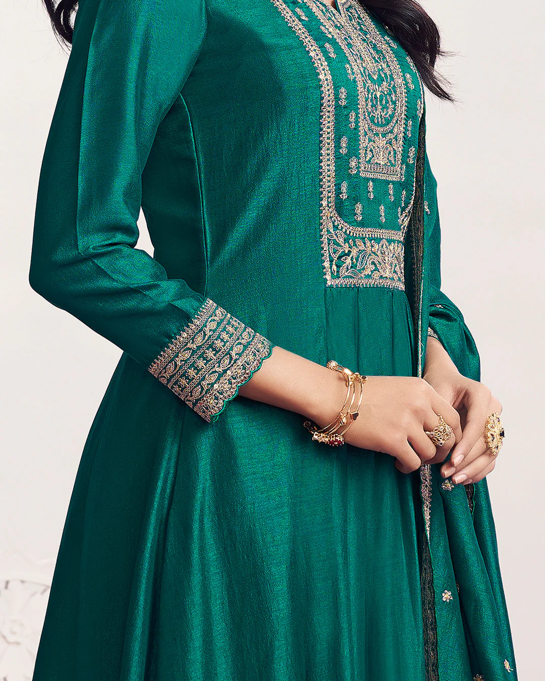 Teal Gilded Embellished Vichitra Silk Anarkali Set - Image 2