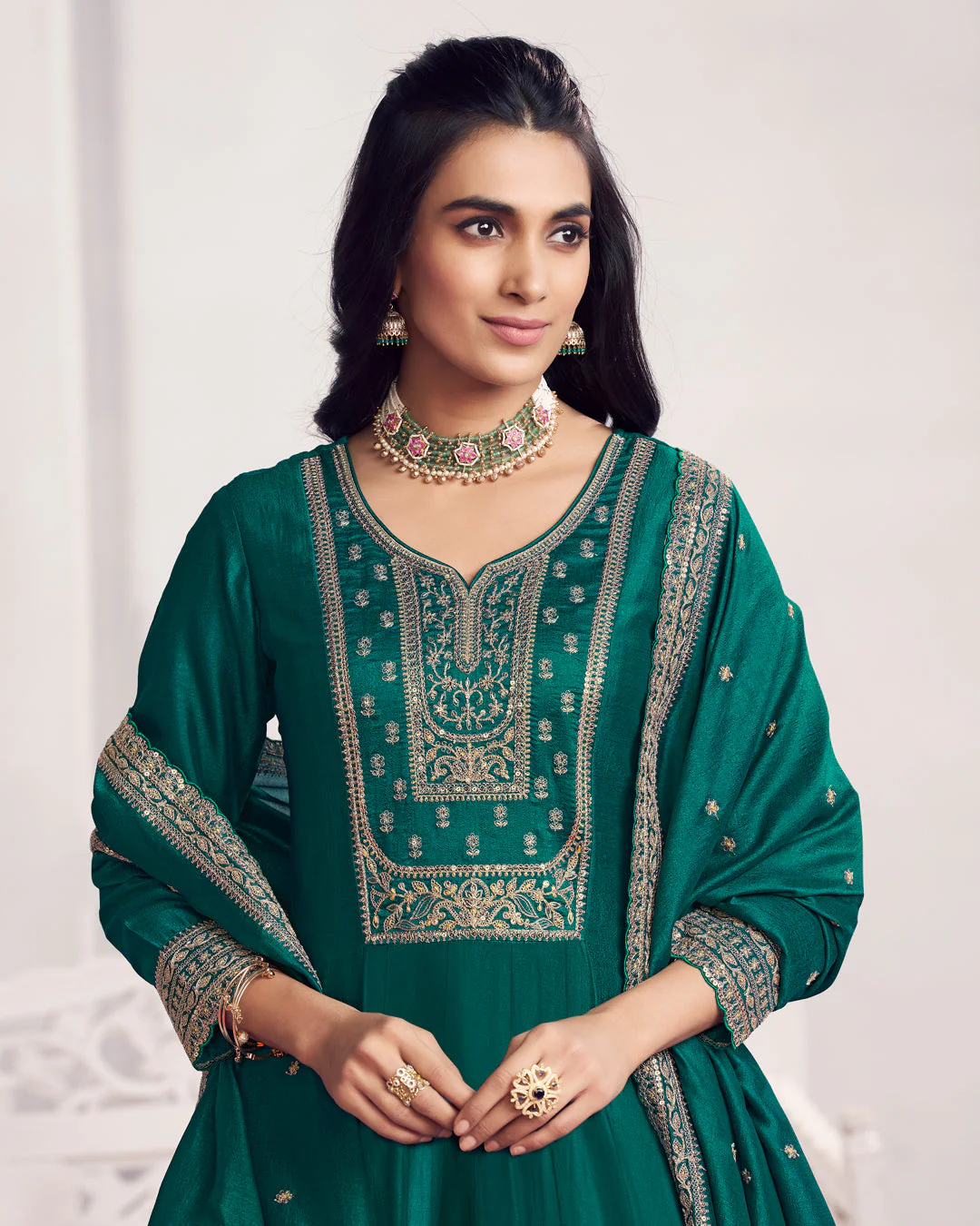 Teal Gilded Embellished Vichitra Silk Anarkali Set - Image 3