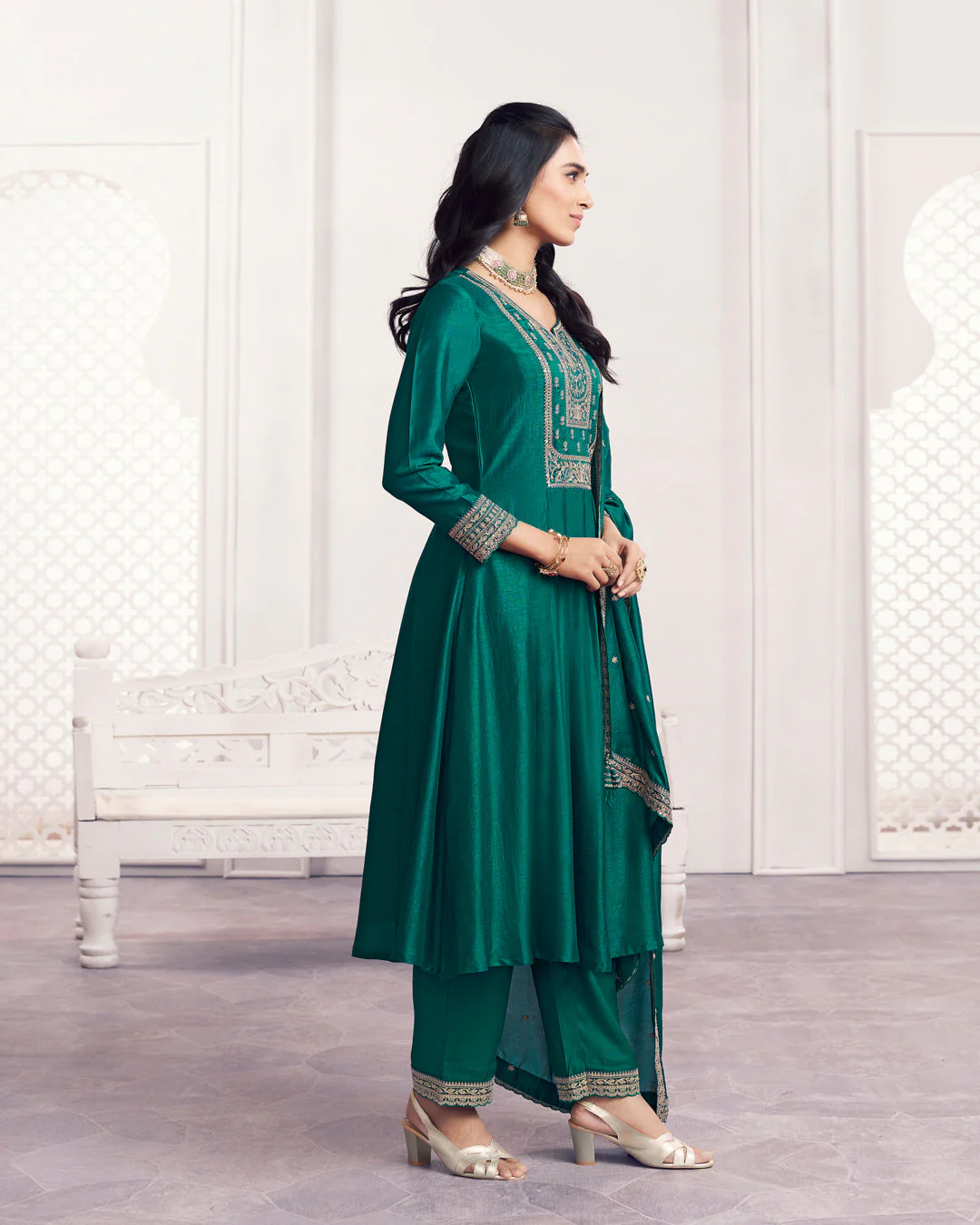 Teal Gilded Embellished Vichitra Silk Anarkali Set - Image 4