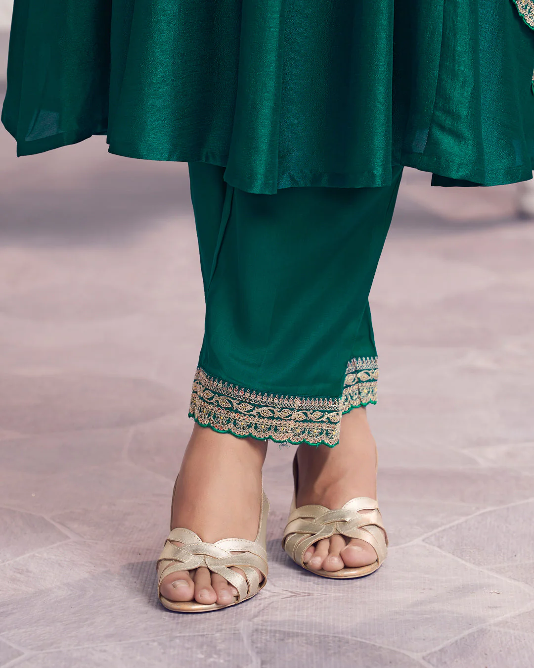 Teal Gilded Embellished Vichitra Silk Anarkali Set - Image 5