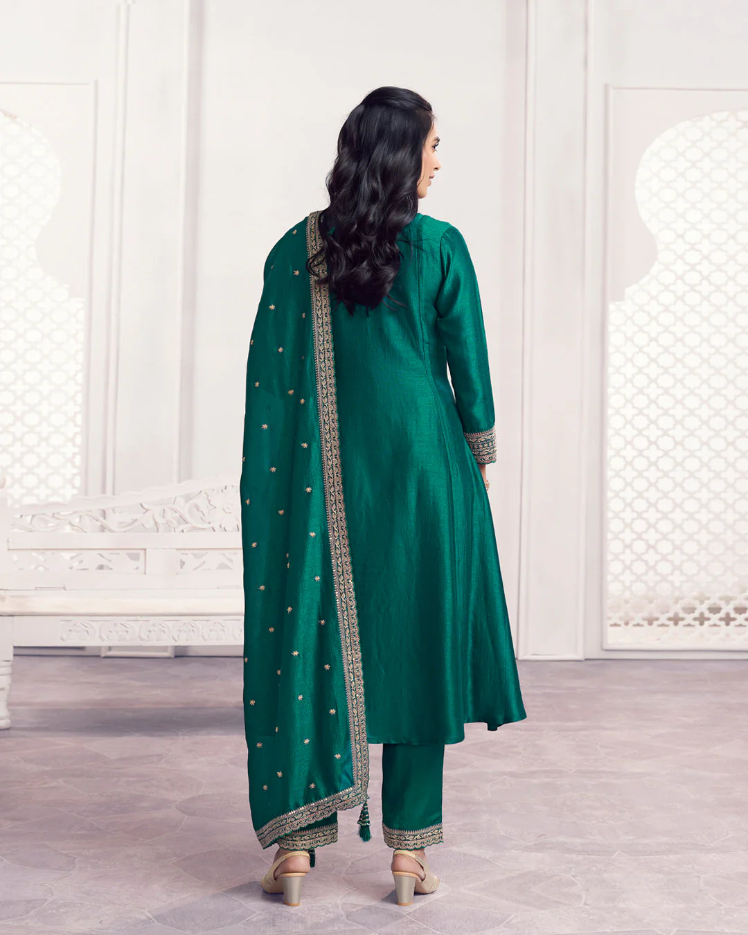 Teal Gilded Embellished Vichitra Silk Anarkali Set - Image 6