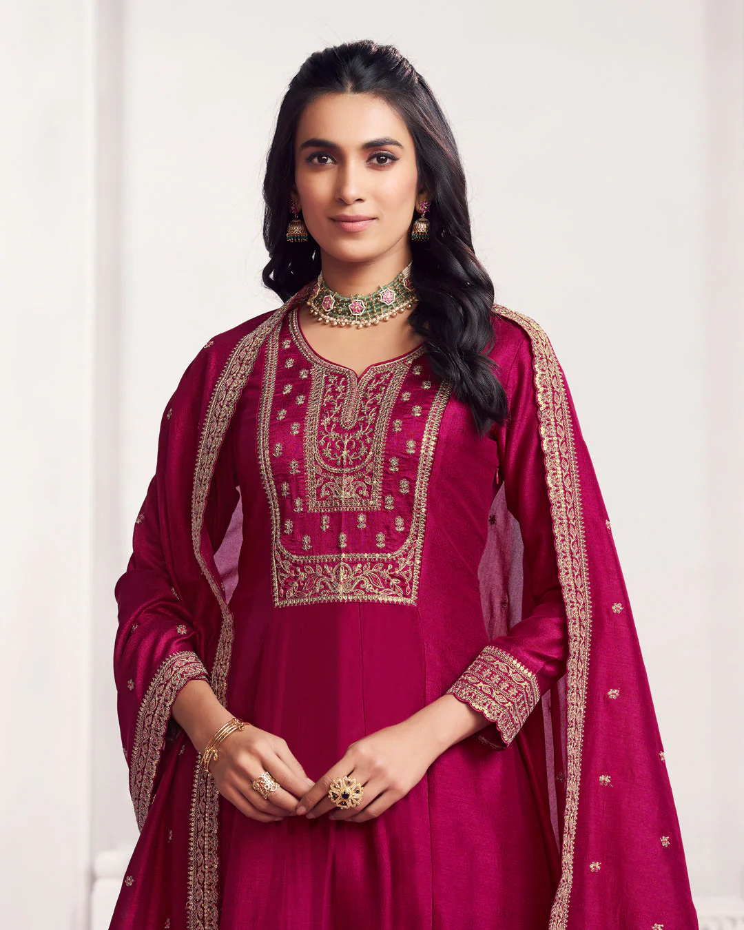 Wine Gilded Embellished Vichitra Silk Anarkali Set - Image 2