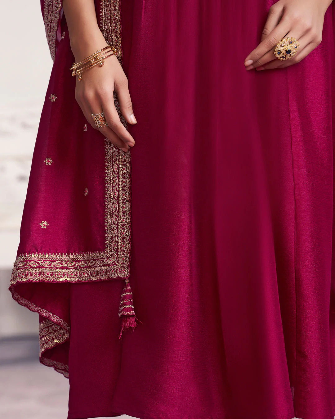 Wine Gilded Embellished Vichitra Silk Anarkali Set - Image 3