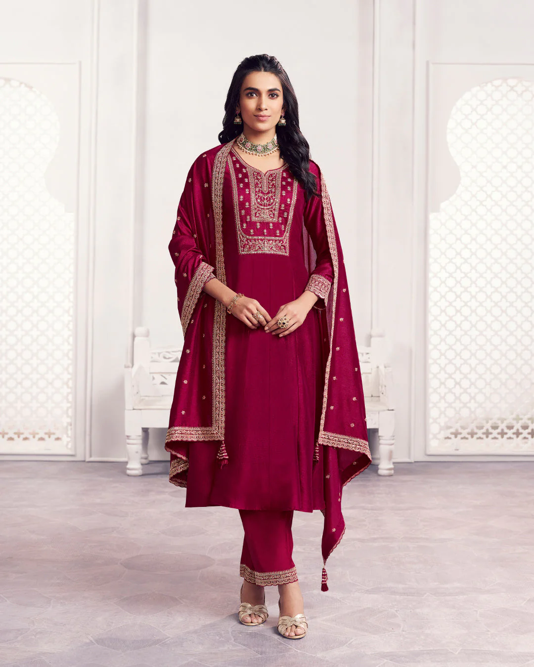 Wine Gilded Embellished Vichitra Silk Anarkali Set - Image 4