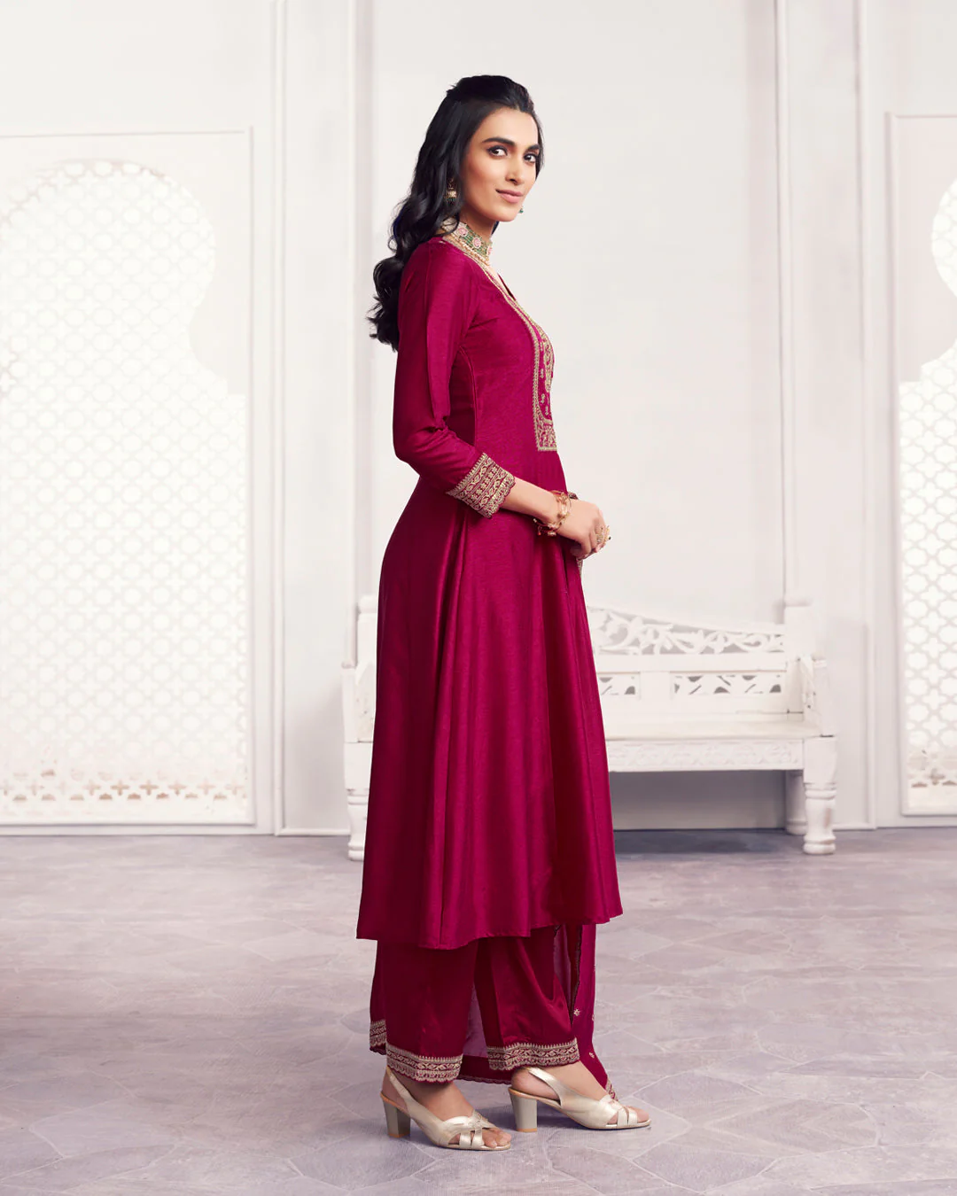 Wine Gilded Embellished Vichitra Silk Anarkali Set - Image 5