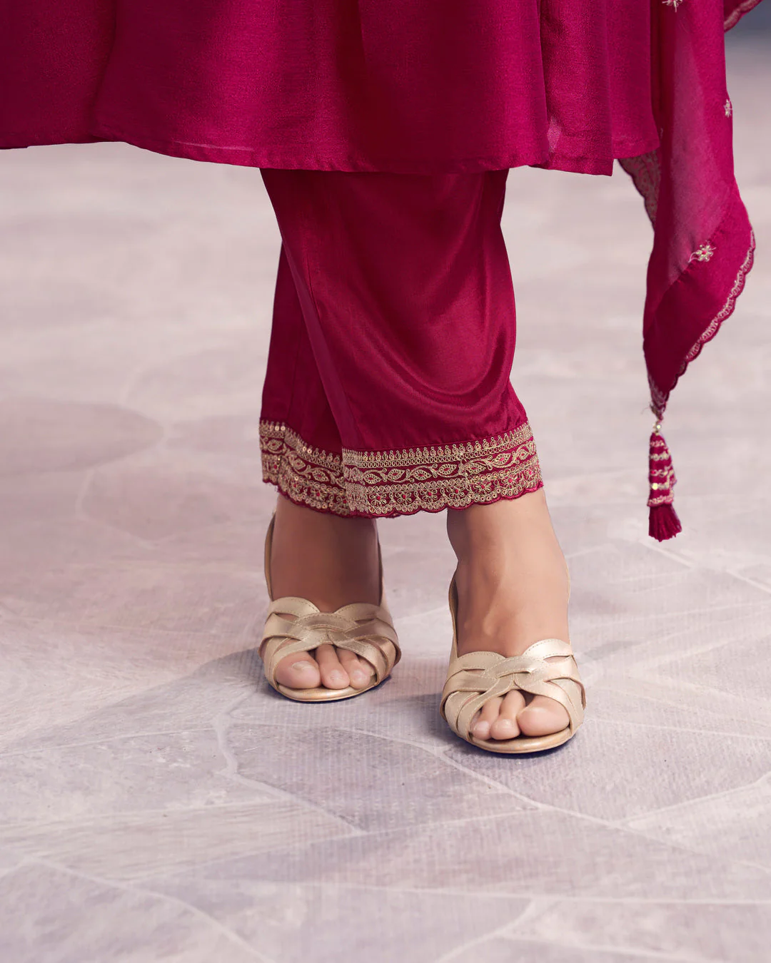 Wine Gilded Embellished Vichitra Silk Anarkali Set - Image 6