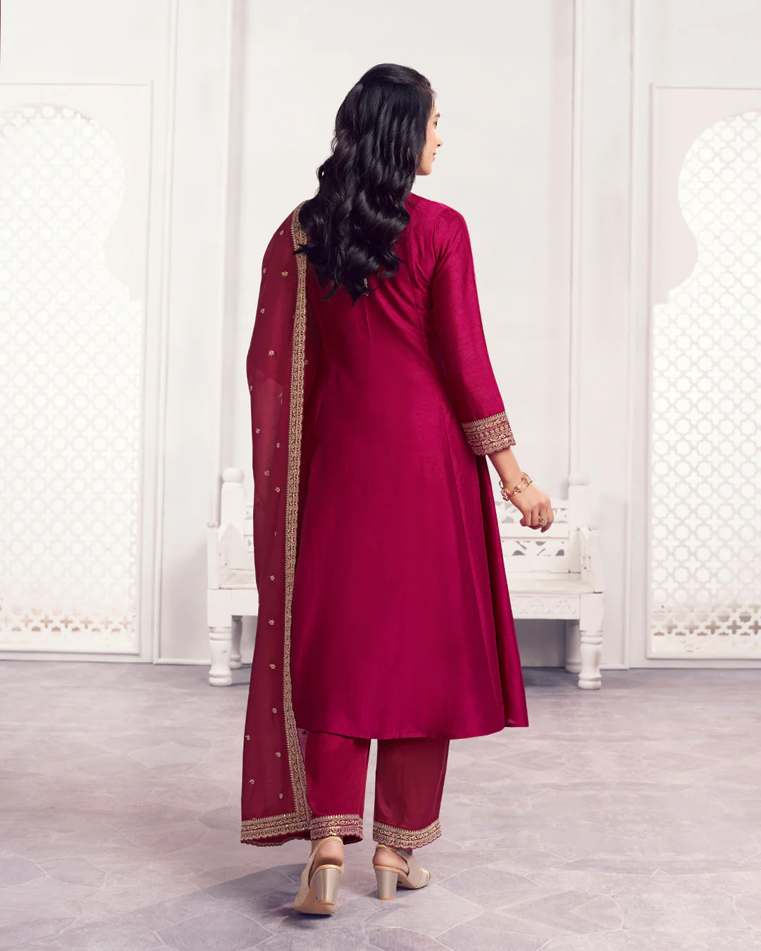 Wine Gilded Embellished Vichitra Silk Anarkali Set - Image 7