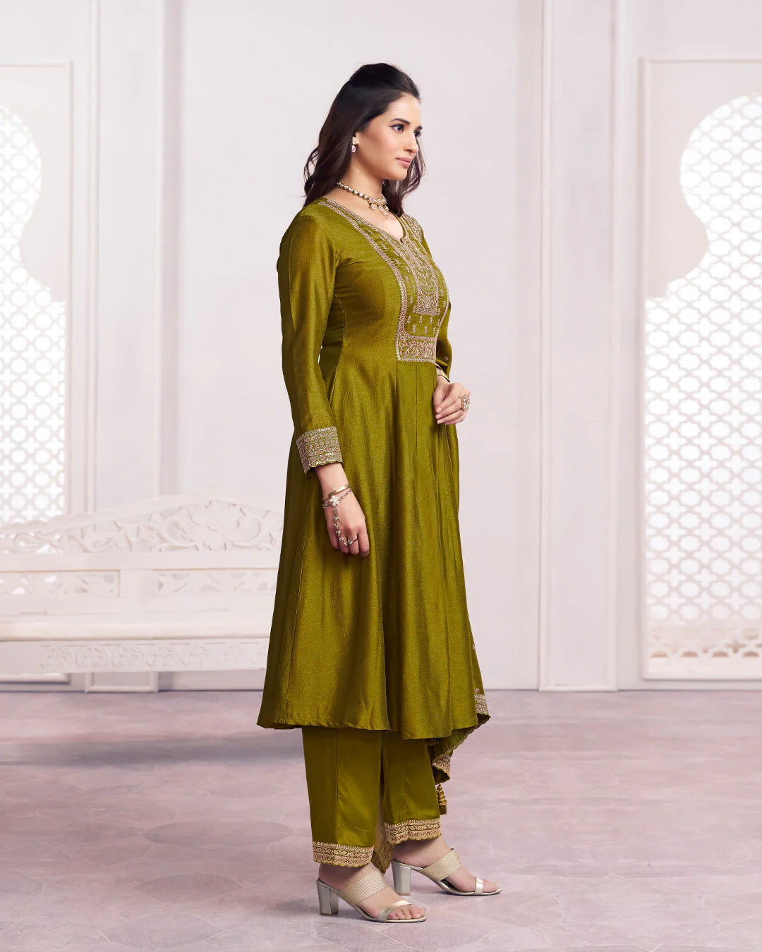 Moss Gilded Embellished Vichitra Silk Anarkali Set - Image 2