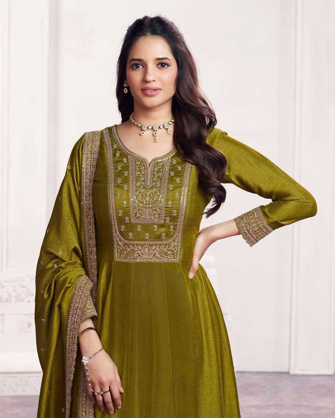 Moss Gilded Embellished Vichitra Silk Anarkali Set - Image 3