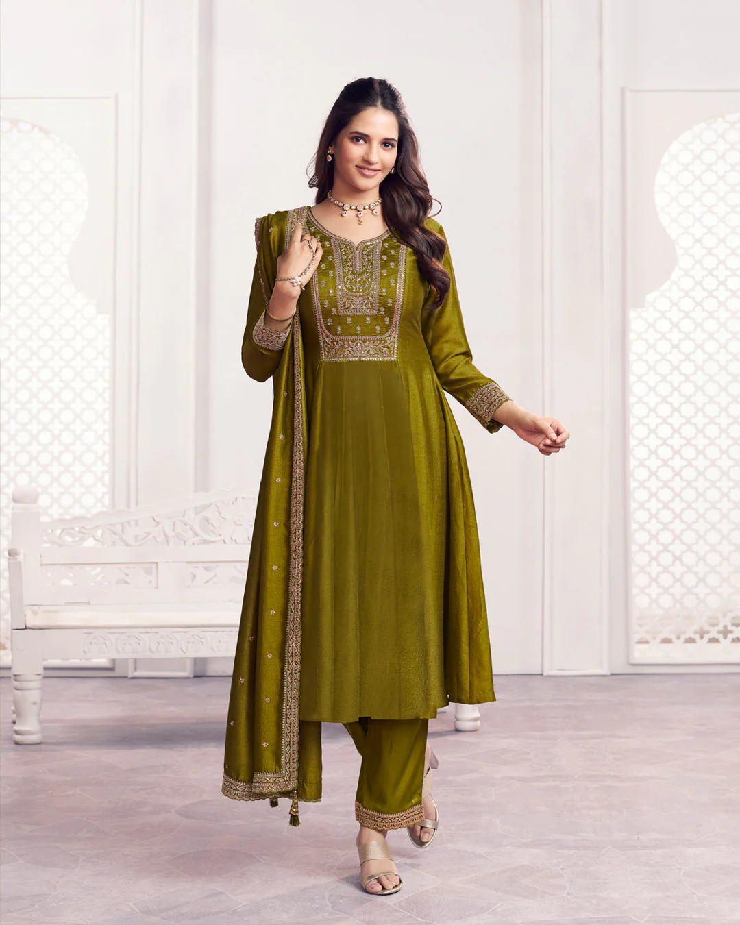 Moss Gilded Embellished Vichitra Silk Anarkali Set - Image 4