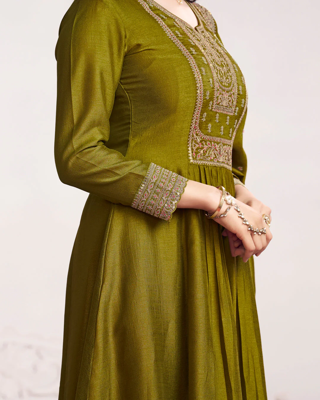 Moss Gilded Embellished Vichitra Silk Anarkali Set - Image 5