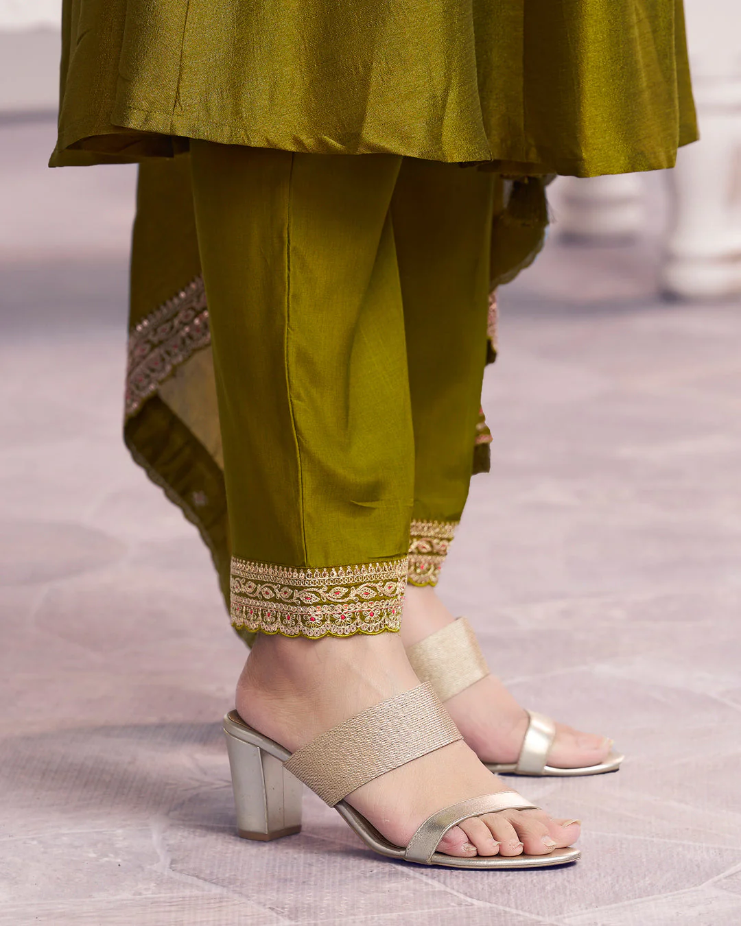 Moss Gilded Embellished Vichitra Silk Anarkali Set - Image 6