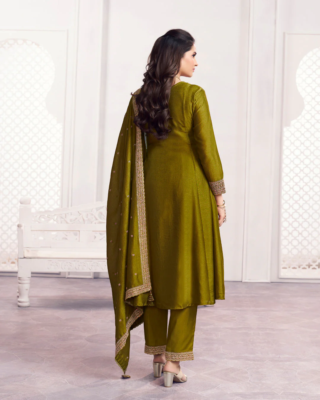 Moss Gilded Embellished Vichitra Silk Anarkali Set - Image 7